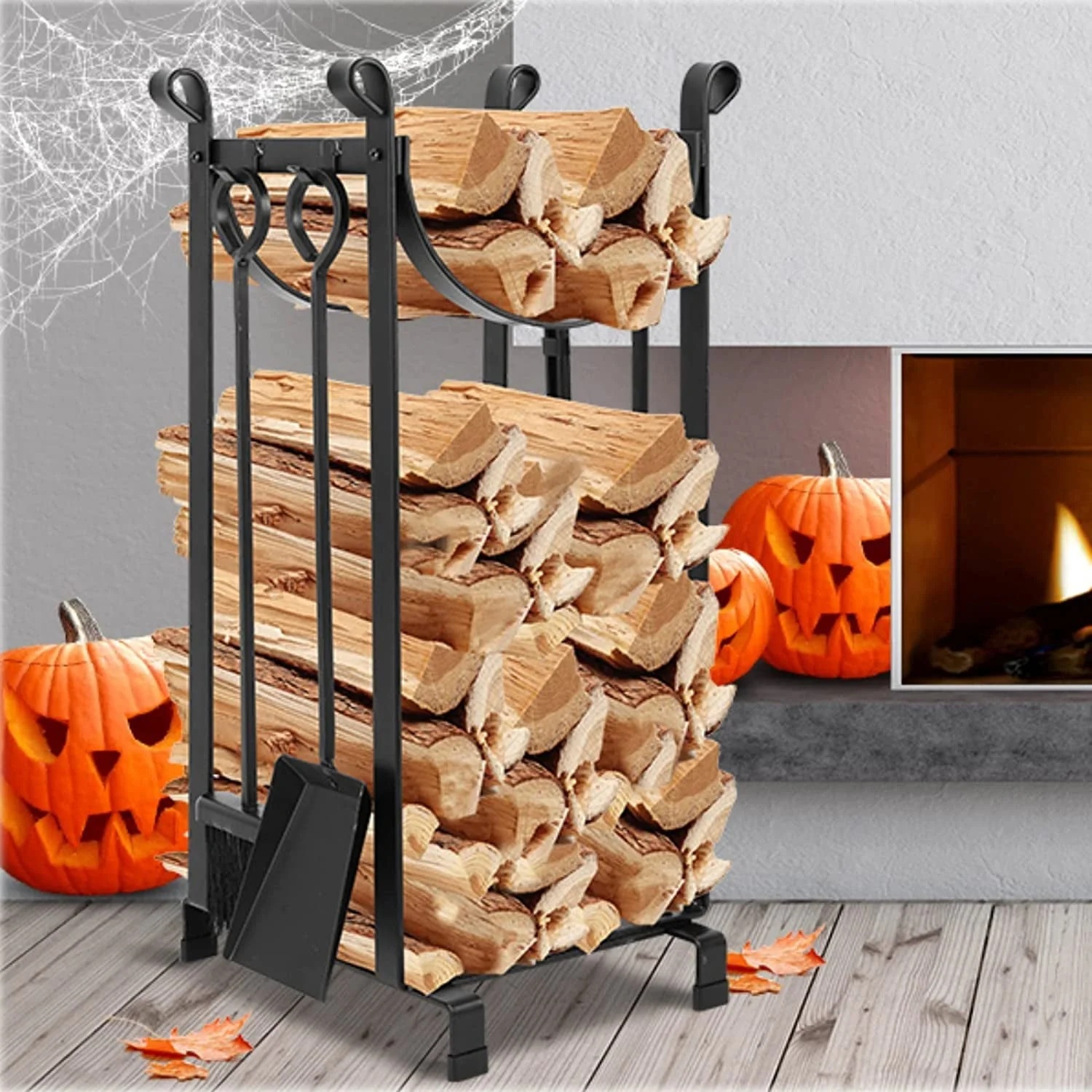 Amagabeli 30.7in Tall Fireplace Log Rack with 4 Tools Indoor Outdoor Firewood Holders Lumber Storage Stacking Black Wrought Iron Logs Bin Holder for Fireplace Tool Black - Image 8