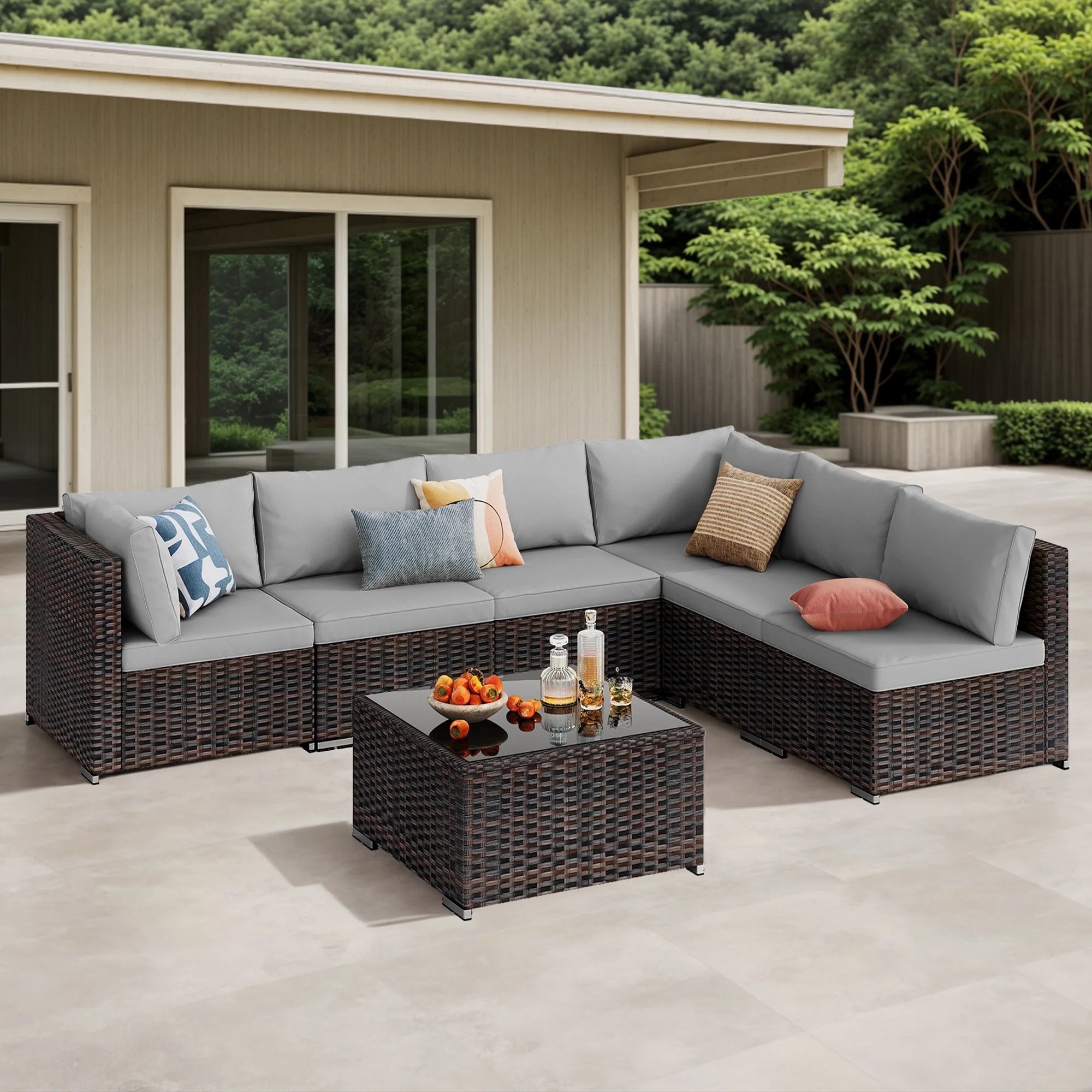 7 Pieces Outdoor Patio Furniture Set, Lofka PE Rattan Sectional Sofa with Tempered Glass Coffee Table & All-Weather Cushions, Patio Conversation Set for Garden, Poolside (Grey) - Image 7