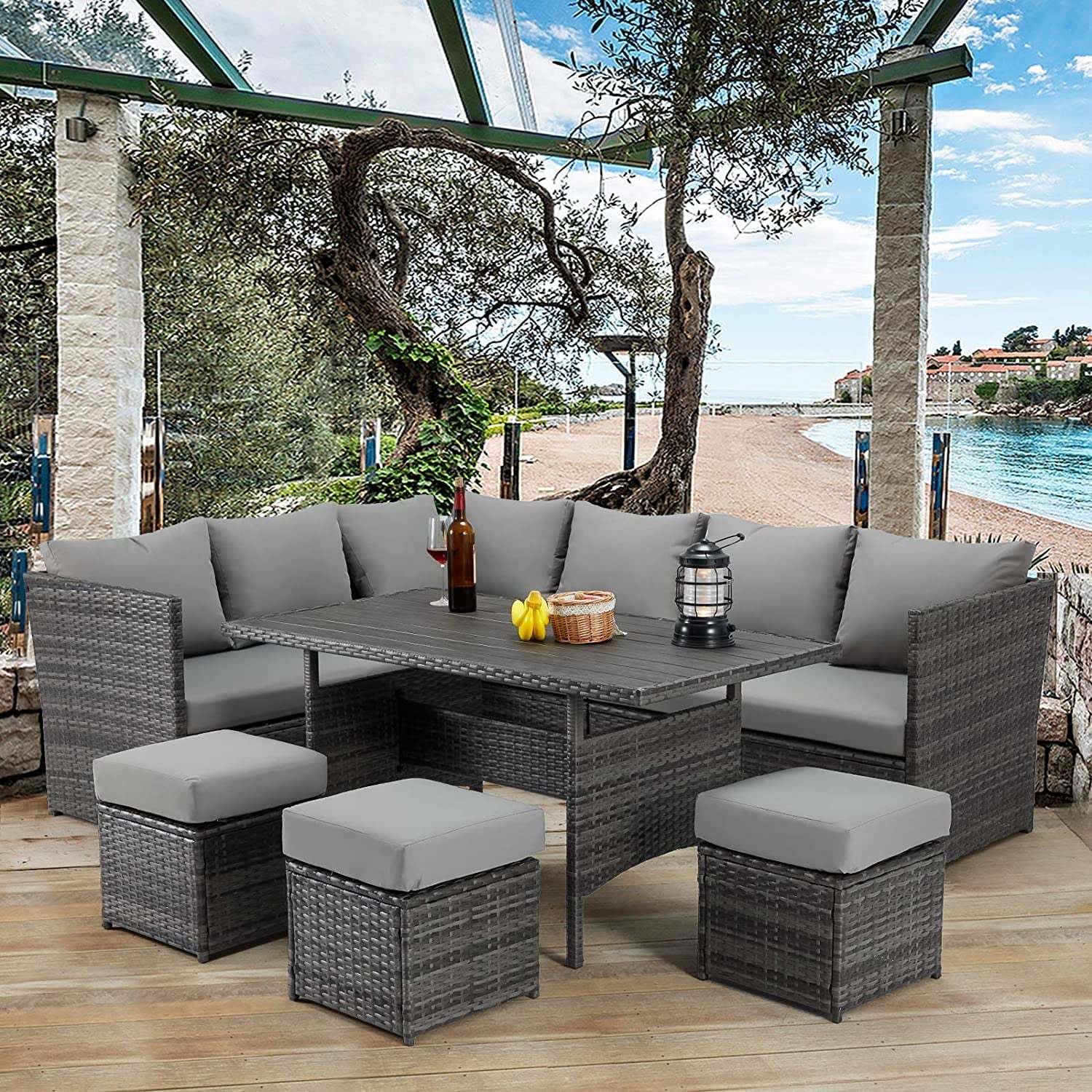 AECOJOY 7 Piece Patio Conversation Set, Outdoor Sectional Sofa Rattan Wicker Dining Furniture, Gray - Image 9