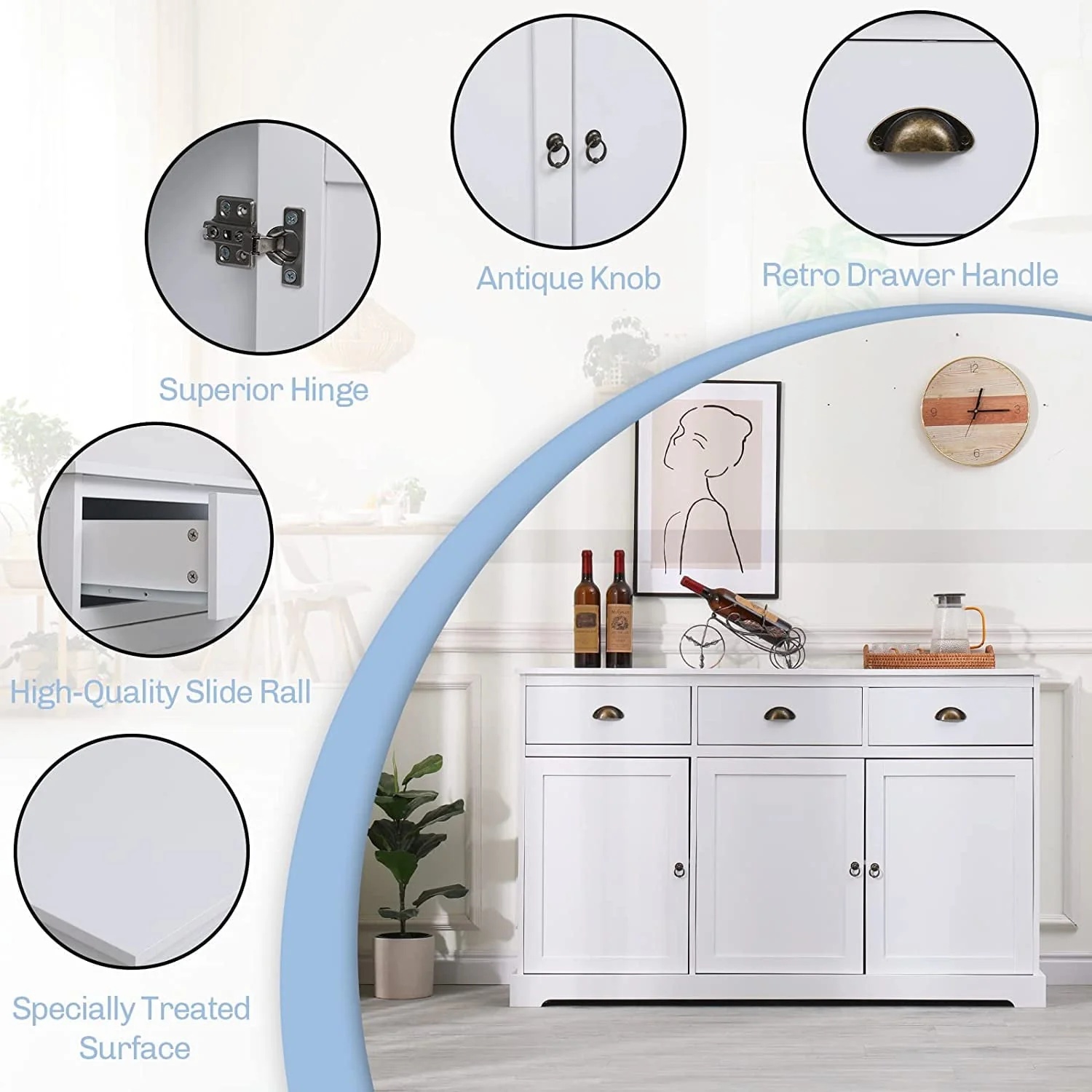 Erinnyees Sideboard Storage Cabinet with 3 Drawers and 3 Cabinets, Buffet Cabinet for Kitchen, Ding Room, Living Room, White - Image 6