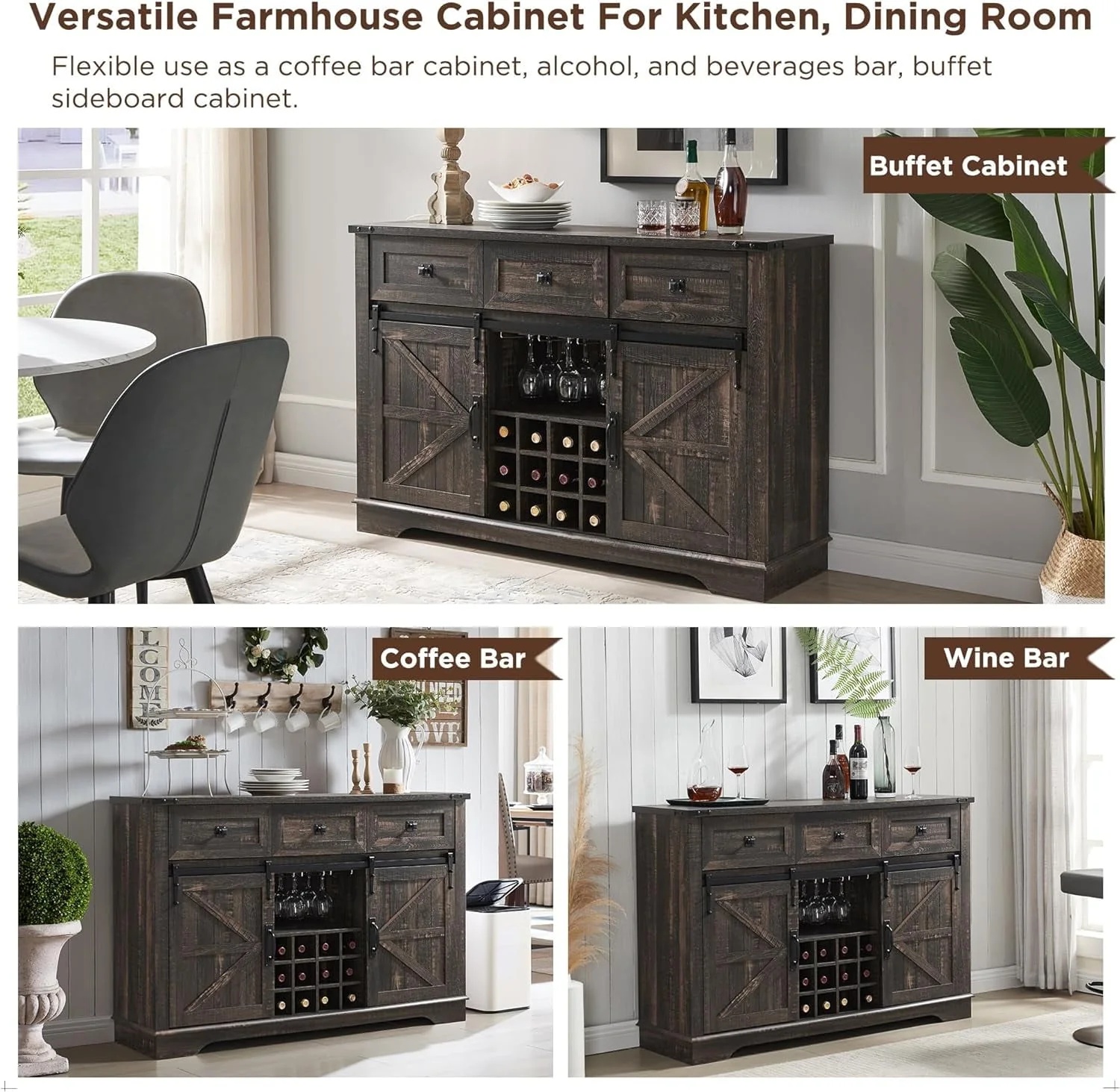 OKD Wood Farmhouse Coffee Bar Cabinet, 54" Kitchen Buffet Sideboard Furniture with Barn Door and Drawer Storage, Dark Rustic Oak - Image 6