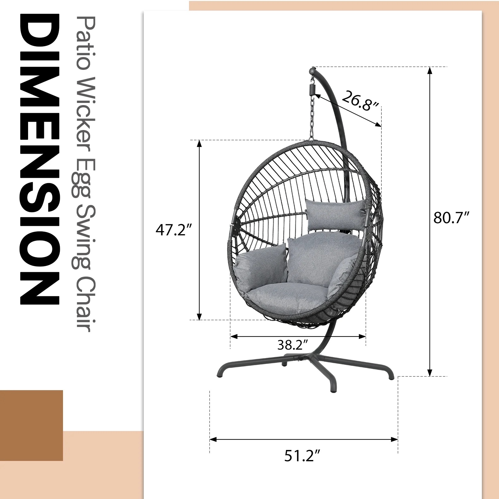 Indoor Outdoor Swing Egg Chair with Stand, Patio Foldable Grey Wicker Rattan Hanging Chair with Cushion, Light Gray - Image 19