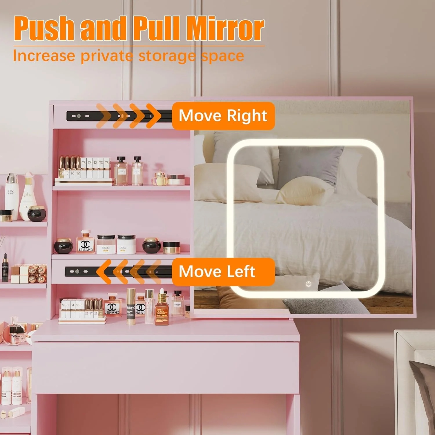 Vanity Desk with Sliding Mirror and Lights, Makeup Vanity Set with Power Outlet, 4 Drawers, Stool, Open Shelves, 3 Color Lighting Modes, Brightness Adjustable, Makeup Dressing Table for Bedroom - Image 14