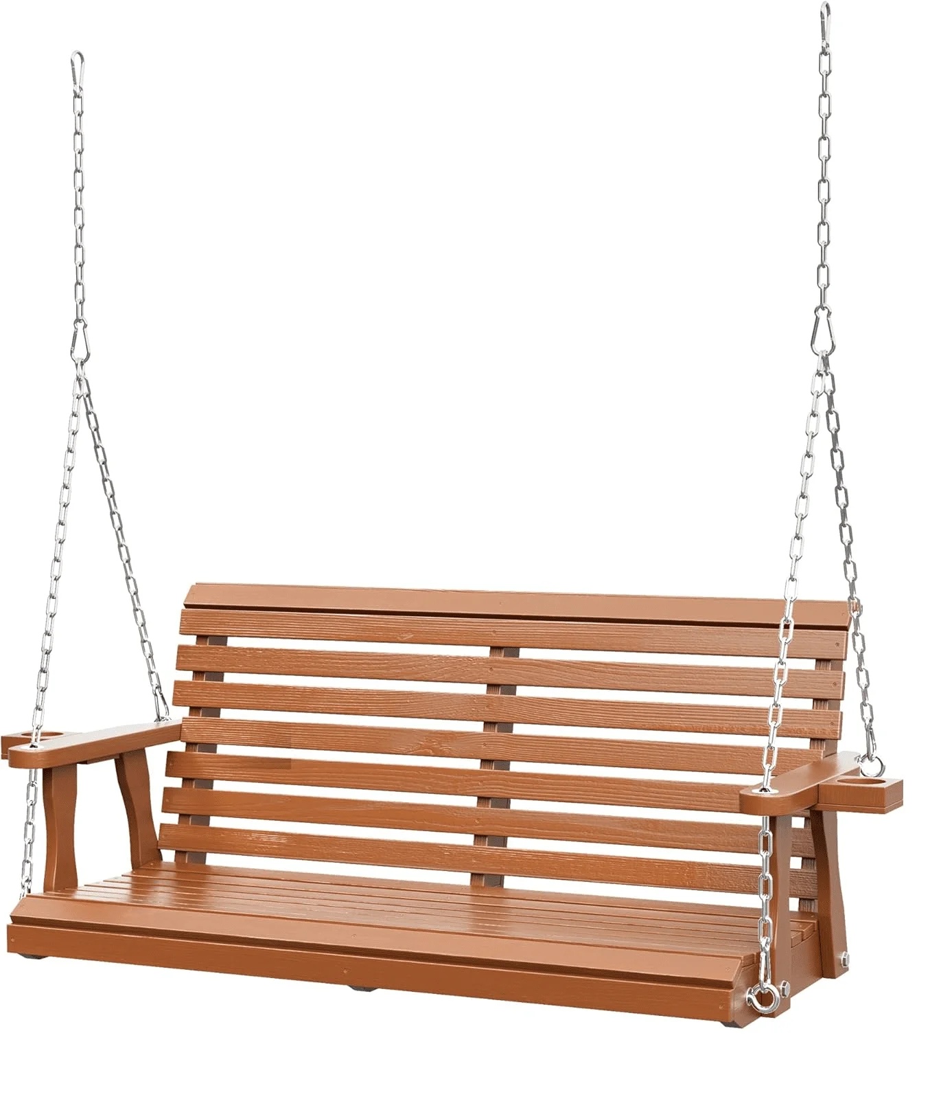SOLAURA 2 Seat Outdoor Wooden Porch Swing with Cup Holders, Hanging Patio Swing with Hanging Chains, Swing Bench Chair for Backyard Garden Balcony, 440lbs Weight Capacity, Brown - Image 2
