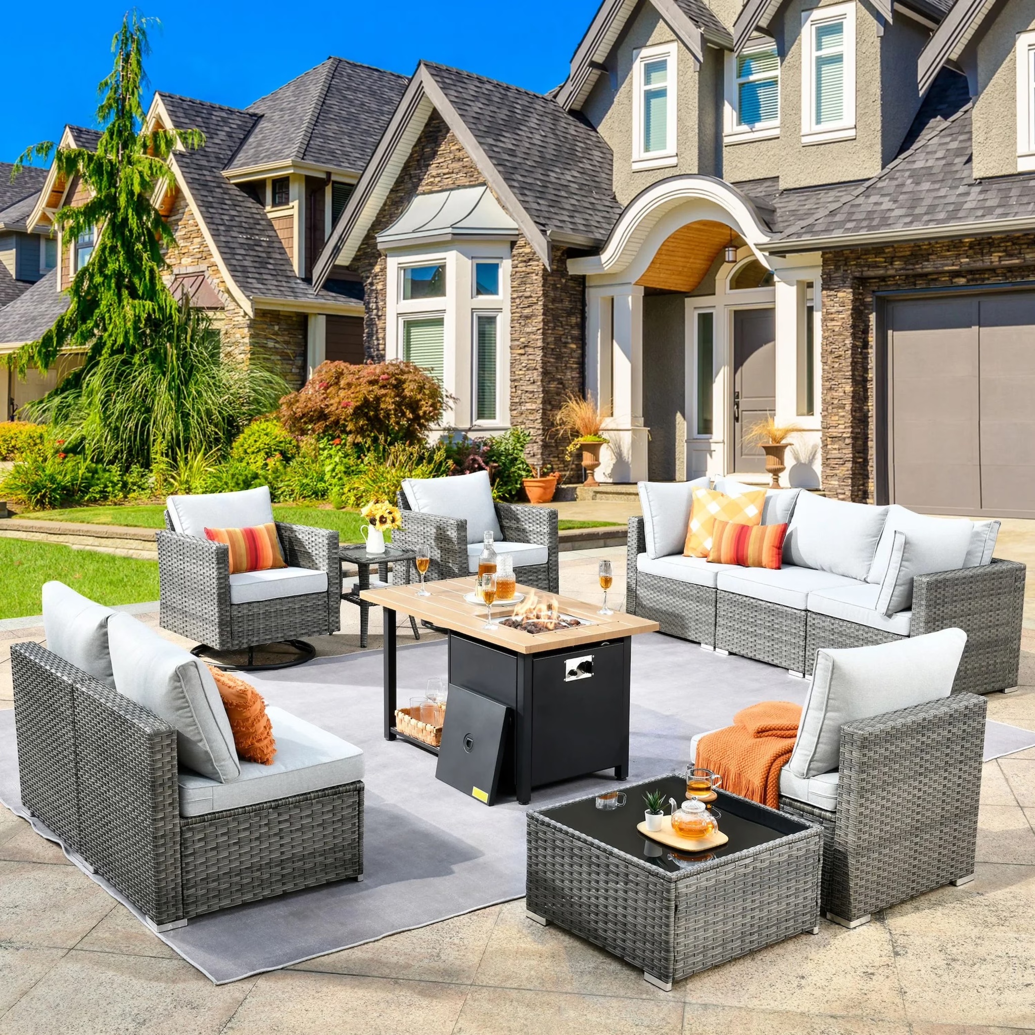Vcatnet 11 Pieces Outdoor Patio Furniture Sets with Fire Pit Sectional Sofa All Weather Wicker Conversation Set with Swivel Glider Chairs, Black - Image 5