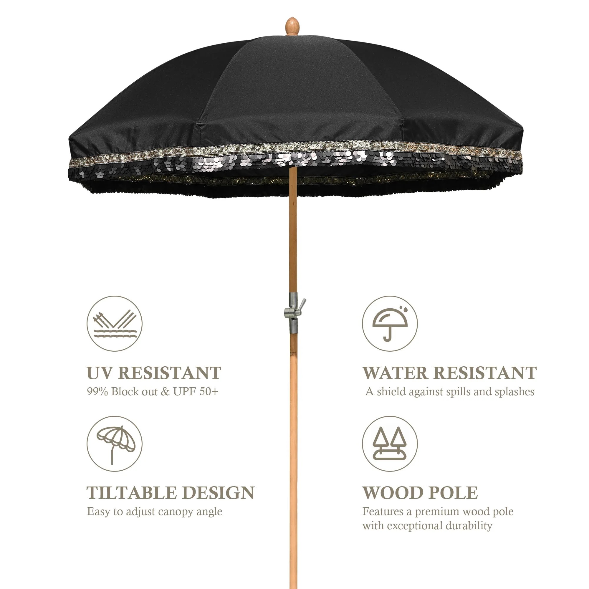 LAGarden 6 Ft Fringe Patio Umbrella with Tassel Jazz Age Wood UPF50+ for Outdoor, Beige with gold tassel,Model: JZ6-01 - Image 15