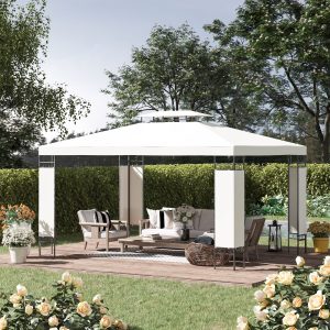 Outsunny 10' x 13' Patio Gazebo, Double Roof Outdoor Gazebo Canopy Shelter with Screen Decorate Corner Frame, for Garden, Lawn, Backyard and Deck, Cream White