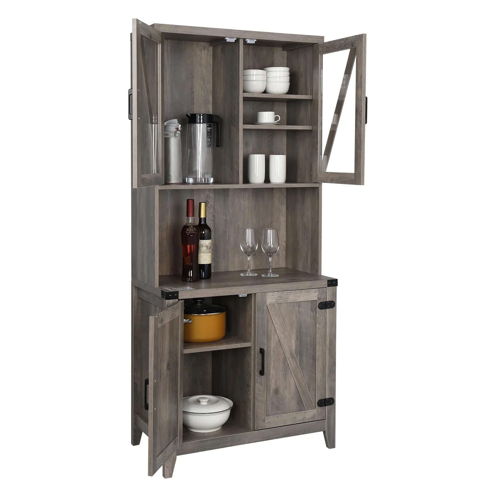 Freestanding Rustic Kitchen Buffet with Hutch, Pantry Storage Cabinet with Adjustable Shelf Grey Oak - Image 6