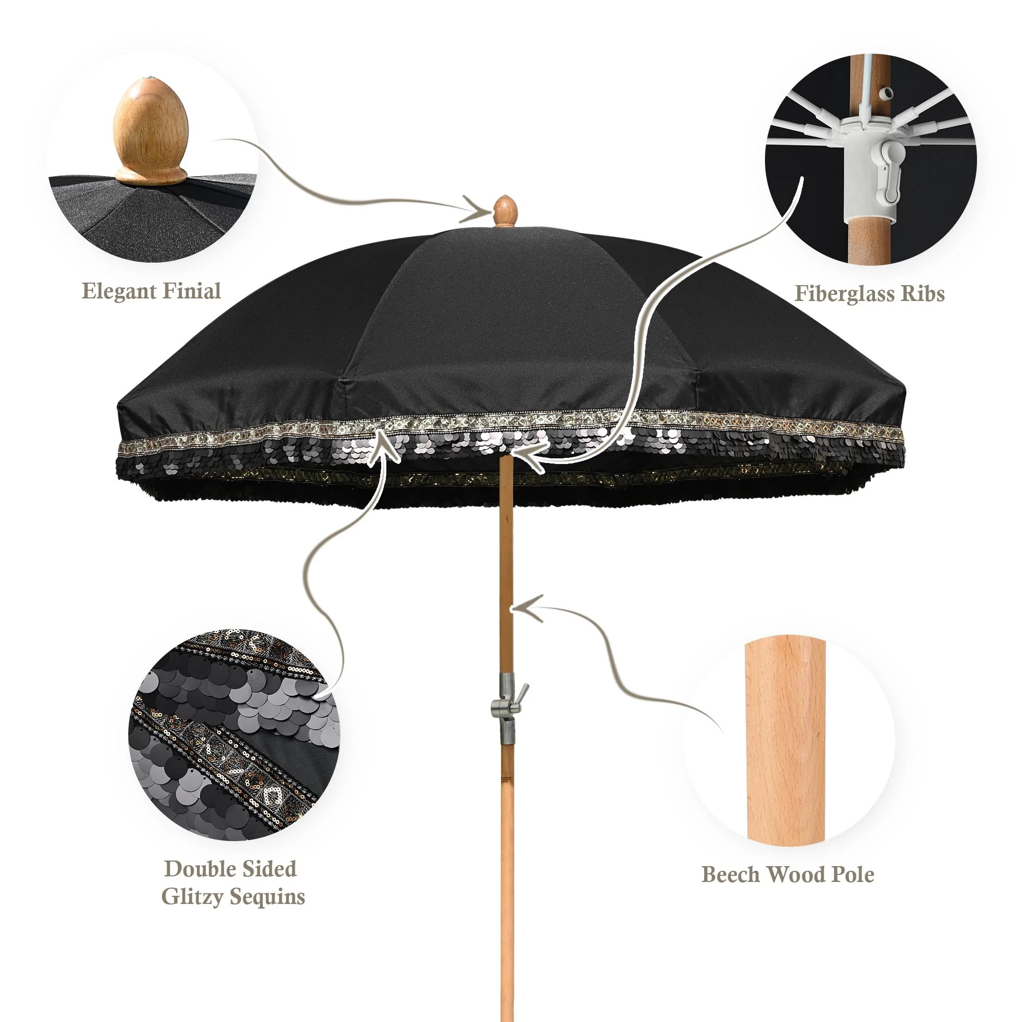 LAGarden 6 Ft Fringe Patio Umbrella with Tassel Jazz Age Wood UPF50+ for Outdoor, Beige with gold tassel,Model: JZ6-01 - Image 14