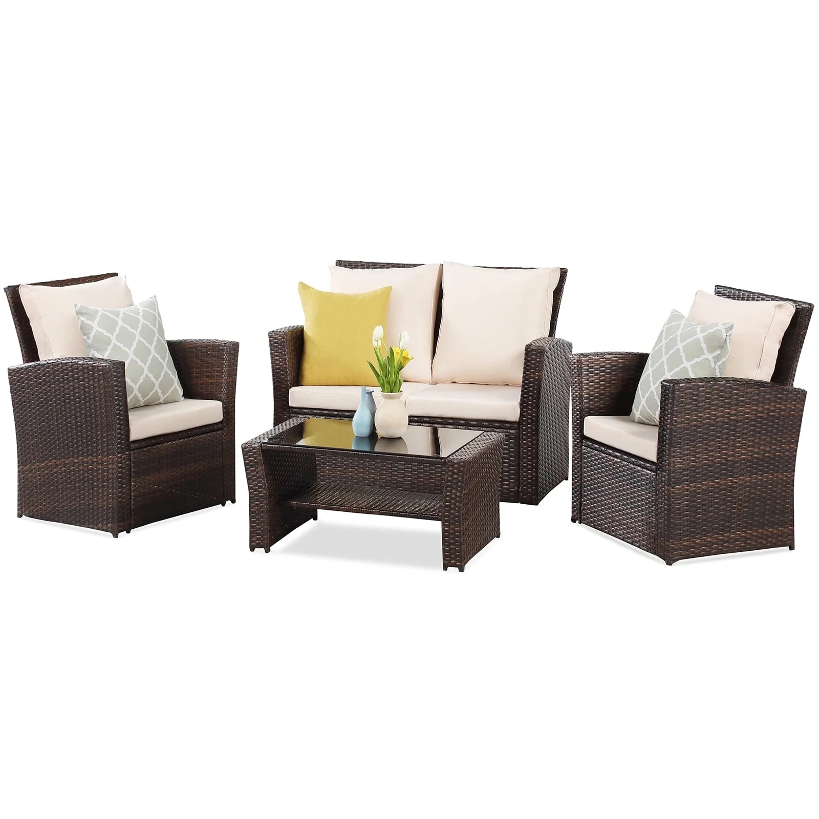 Superjoe 4 Pcs Outdoor Patio Furniture Sets, Wicker Rattan Conversation Set with Coffee table, Brown - Image 5