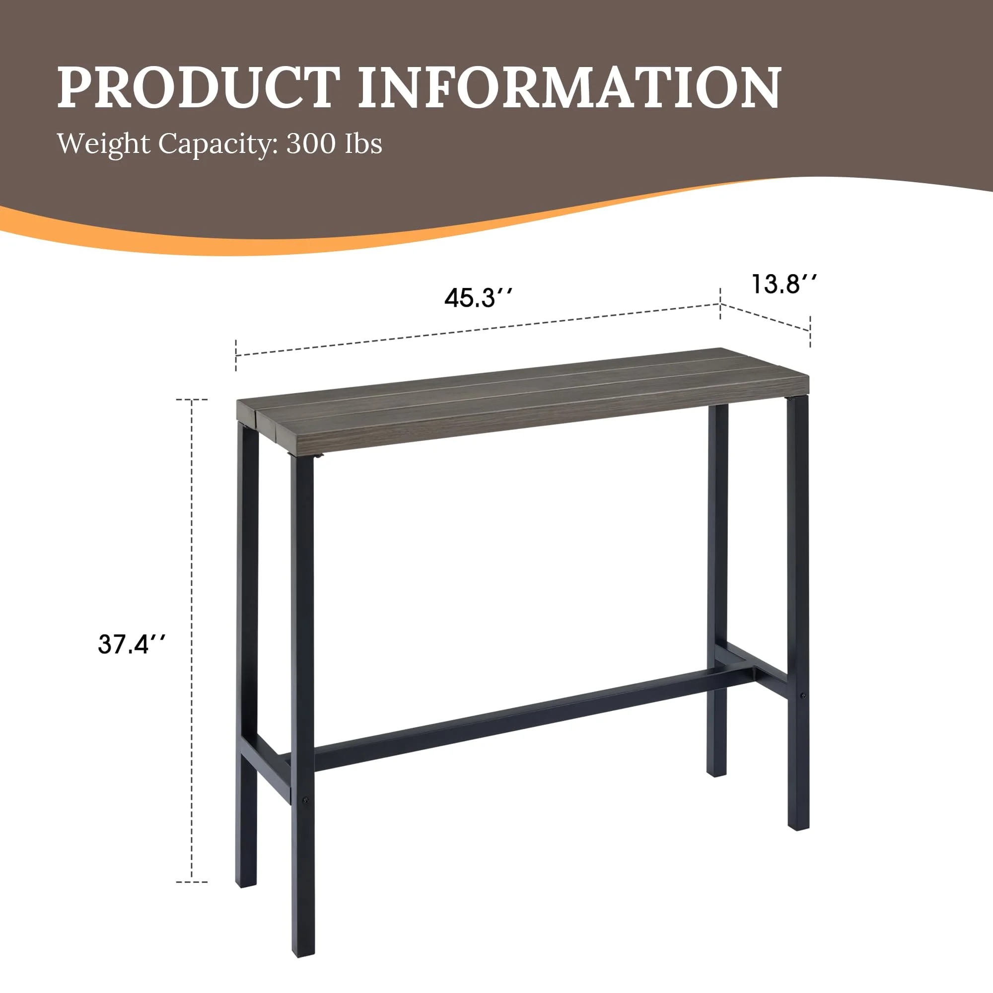 Vicllax Patio Rectangle Bar Table Metal Modern Style for Porch Garden (45.3"Lx13.8"Wx37.4"H) - Image 11