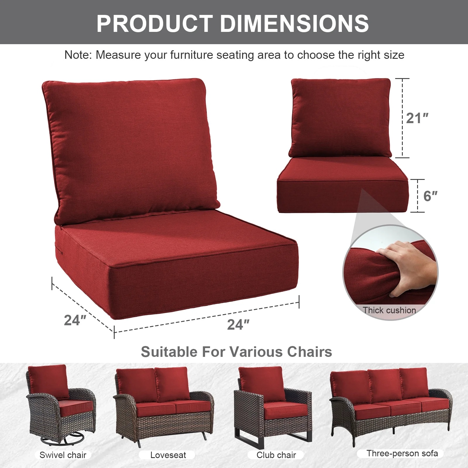 Terraloom 6 Inch Outdoor Cushions 24x24" - Water Resistant 2 Set Deep Seating Patio Chair Back&Seat Cushion for Wicker Rocking Swivel Chairs Loveseat Couch Sectional Sofa in Beige - Image 29