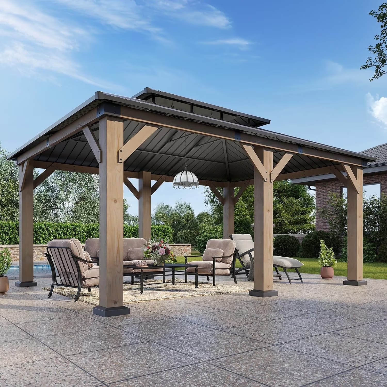 Aoxun 12' x 16' Outdoor Wood Gazebo, Hardtop Gazebo Permanent Wooden Pavilion with Galvanized Steel Double Roof, for Patio, Garden, Backyard, Cedar Wood - Image 3