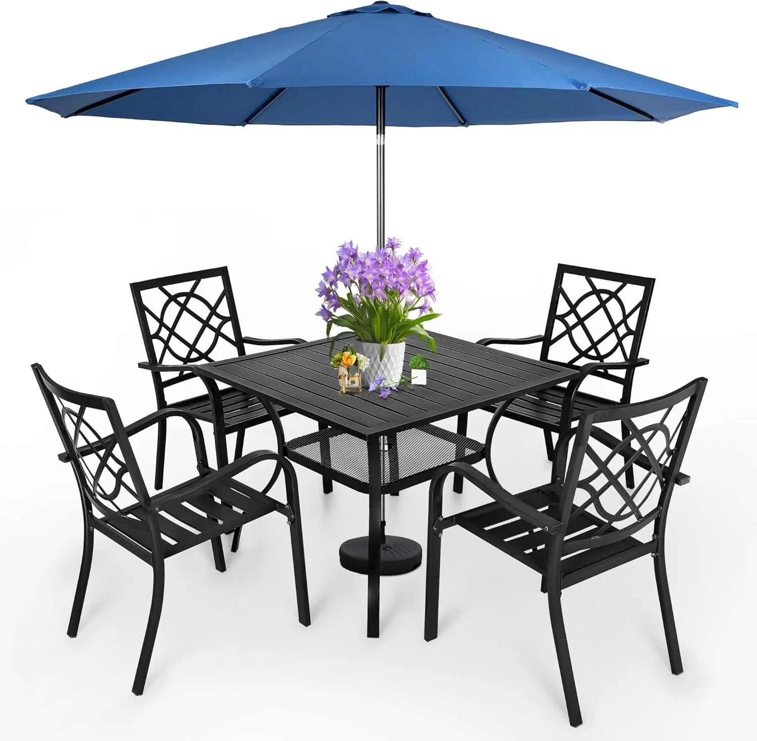 SUNCROWN 7-Piece Outdoor Wrought Iron Chairs and Table Patio Dining Furniture Set - 6 Stackable Metal Chairs, 1 Steel Slat Bistro Table and 1 Brown 9Ft Patio Umbrella for Garden Backyard Deck - Image 56