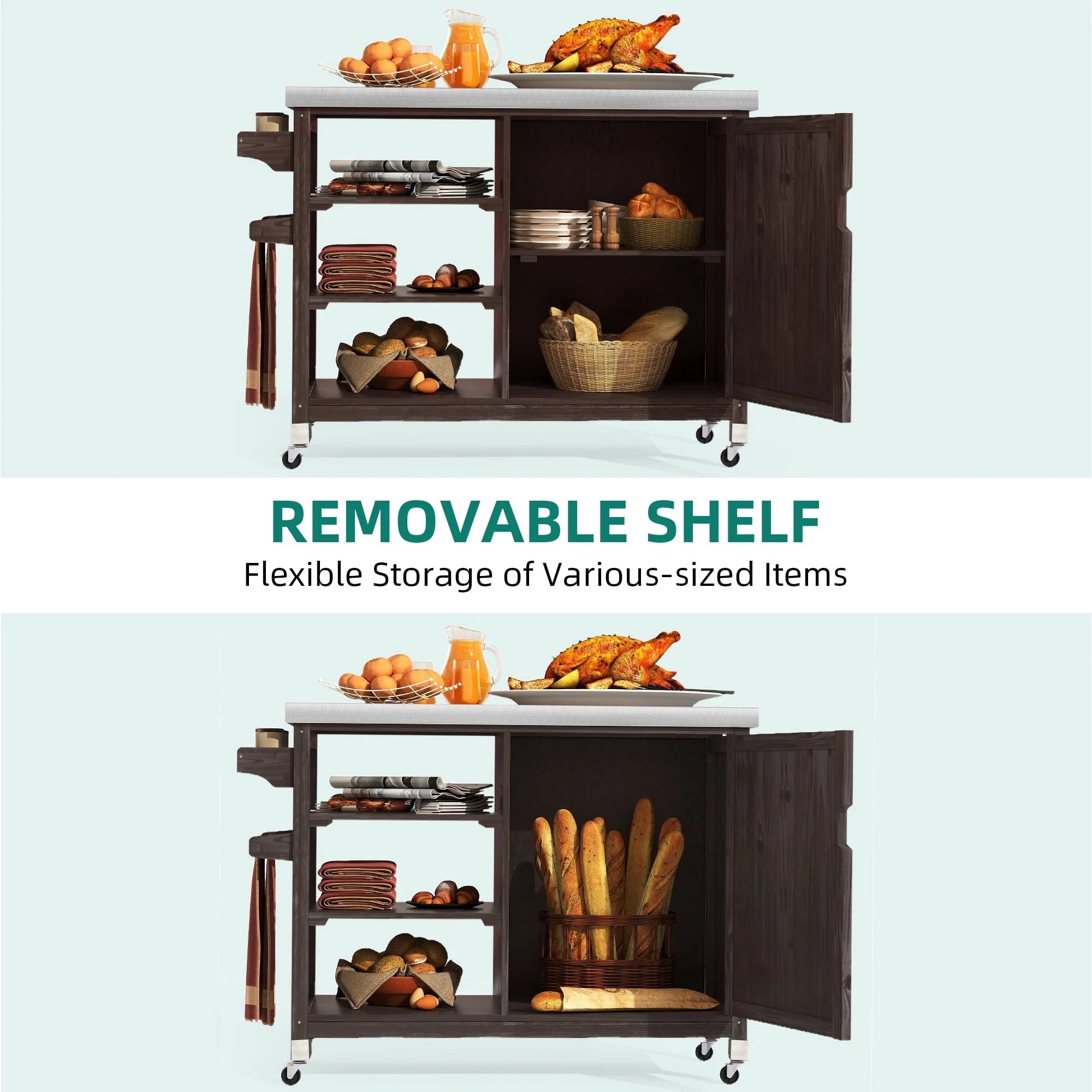 Dextrus Grill Carts Outdoor With Storage Cabinet and Wheels, Solid Wood Movable Dining Cart Table,with Stainless Steel Top, Spice Rack, and Side Handle, Kitchen Island with Storage or Bar Cart, Brown - Image 6