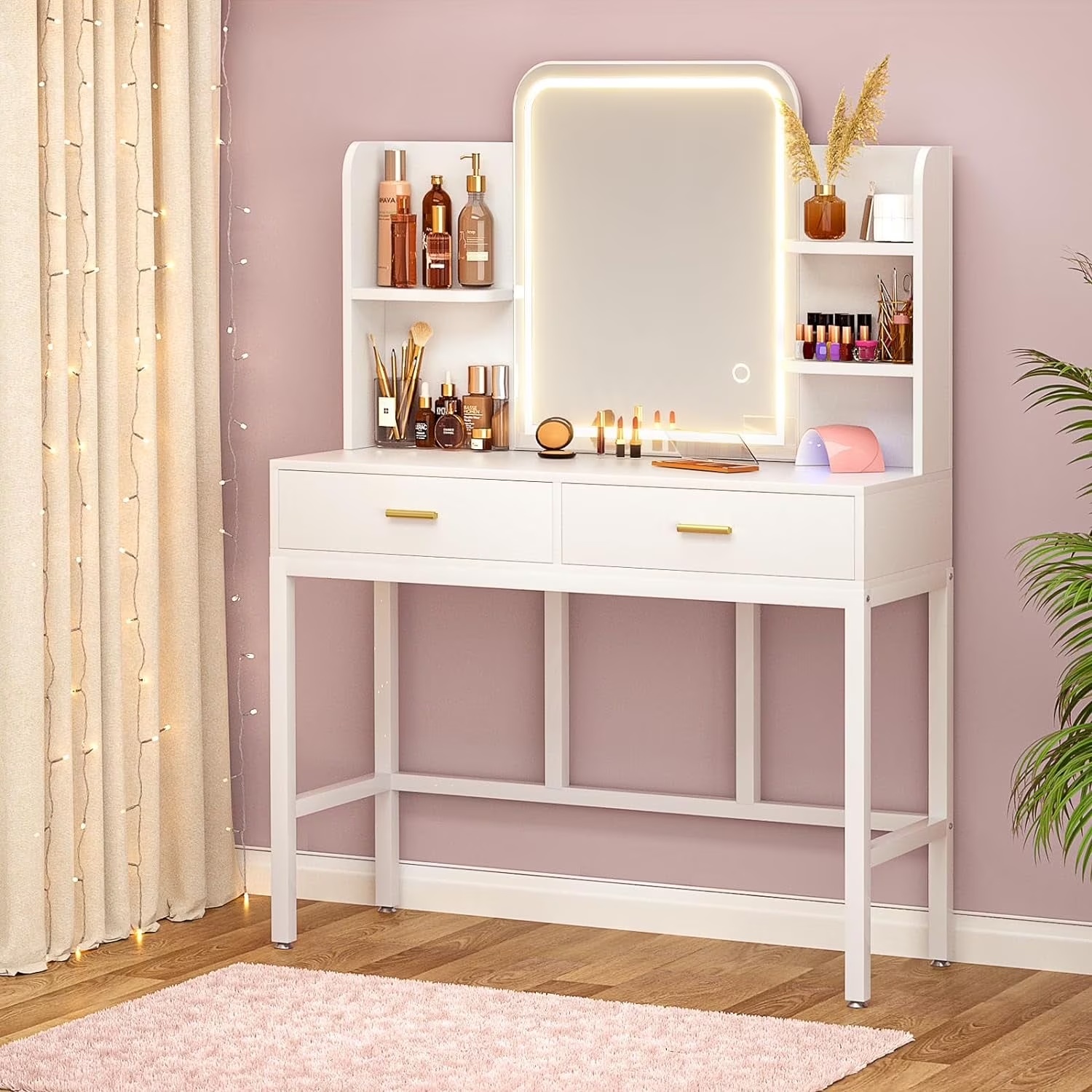 iSunirm Vanity Desk with Mirror and Lights, Makeup Vanity with 2 Drawers, Vanity Table Set with 3 Color Adjustable Lighting Options, Modern Dressing Table with Shelf, for Bedroom, Pink - Image 3