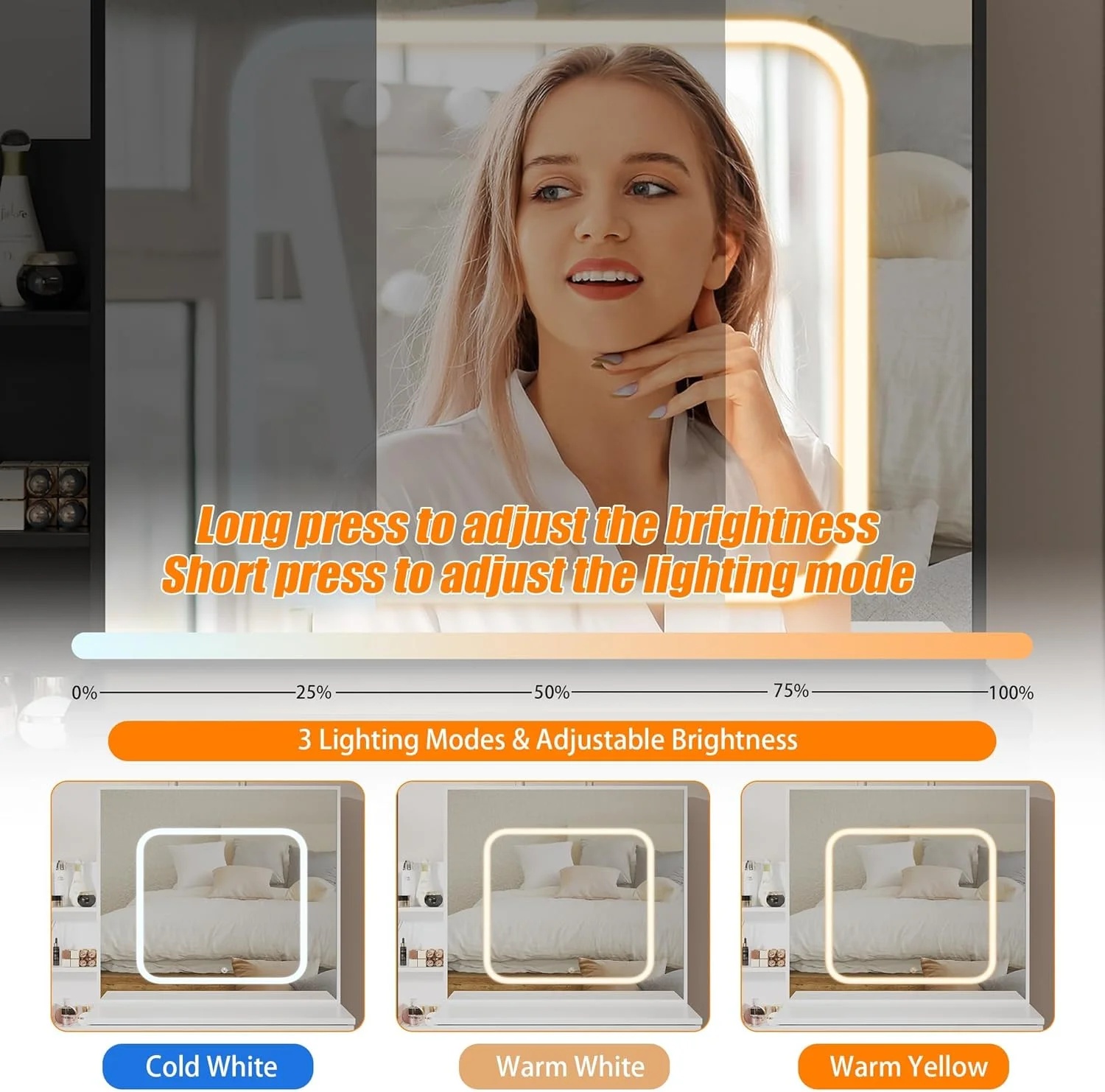 Vanity Desk with Sliding Mirror and Lights, Makeup Vanity Set with Power Outlet, 4 Drawers, Stool, Open Shelves, 3 Color Lighting Modes, Brightness Adjustable, Makeup Dressing Table for Bedroom - Image 9