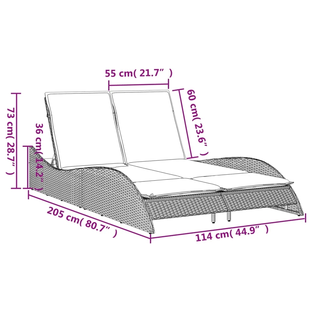 vidaXL Patio Sun Lounger Light Gray PE Rattan, Powder-Coated Steel Double - Image 2