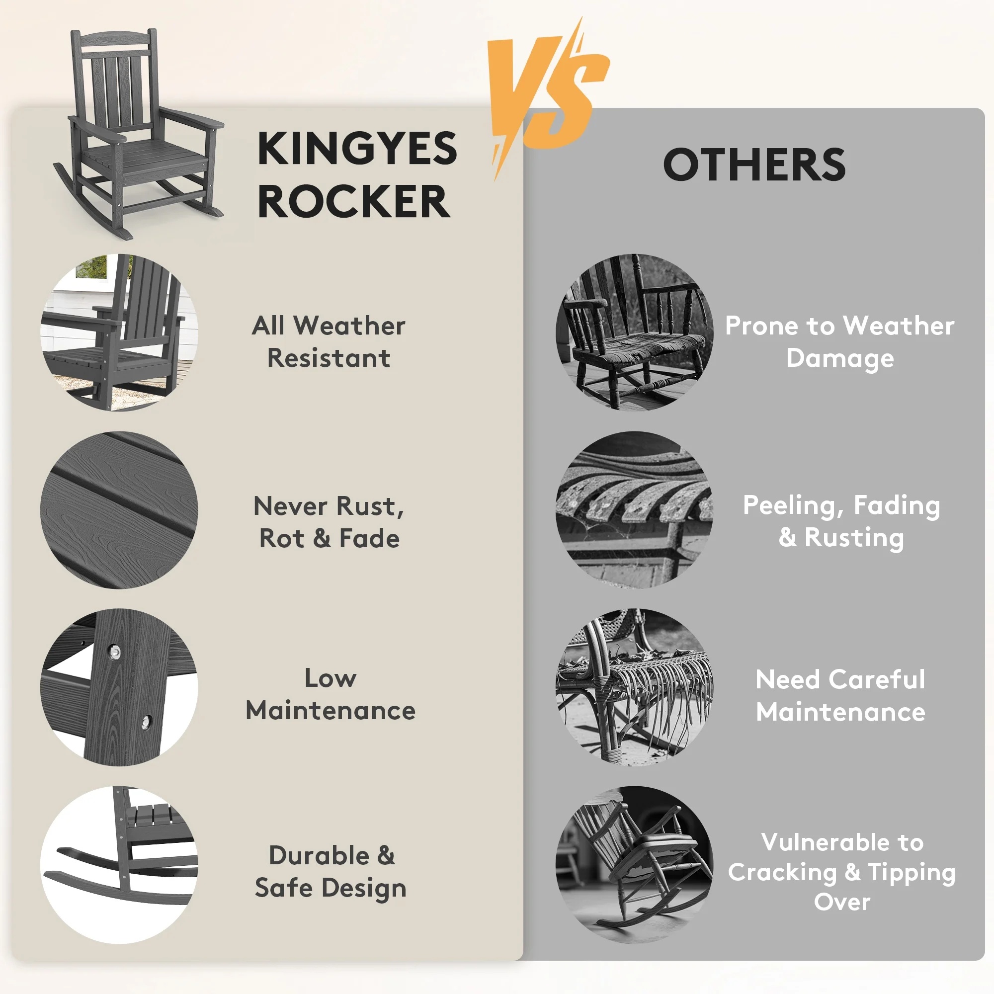KINGYES HDPE Outdoor Rocking Chairs Set of 2,HDPE Patio Rocker for Porch,Black - Image 37