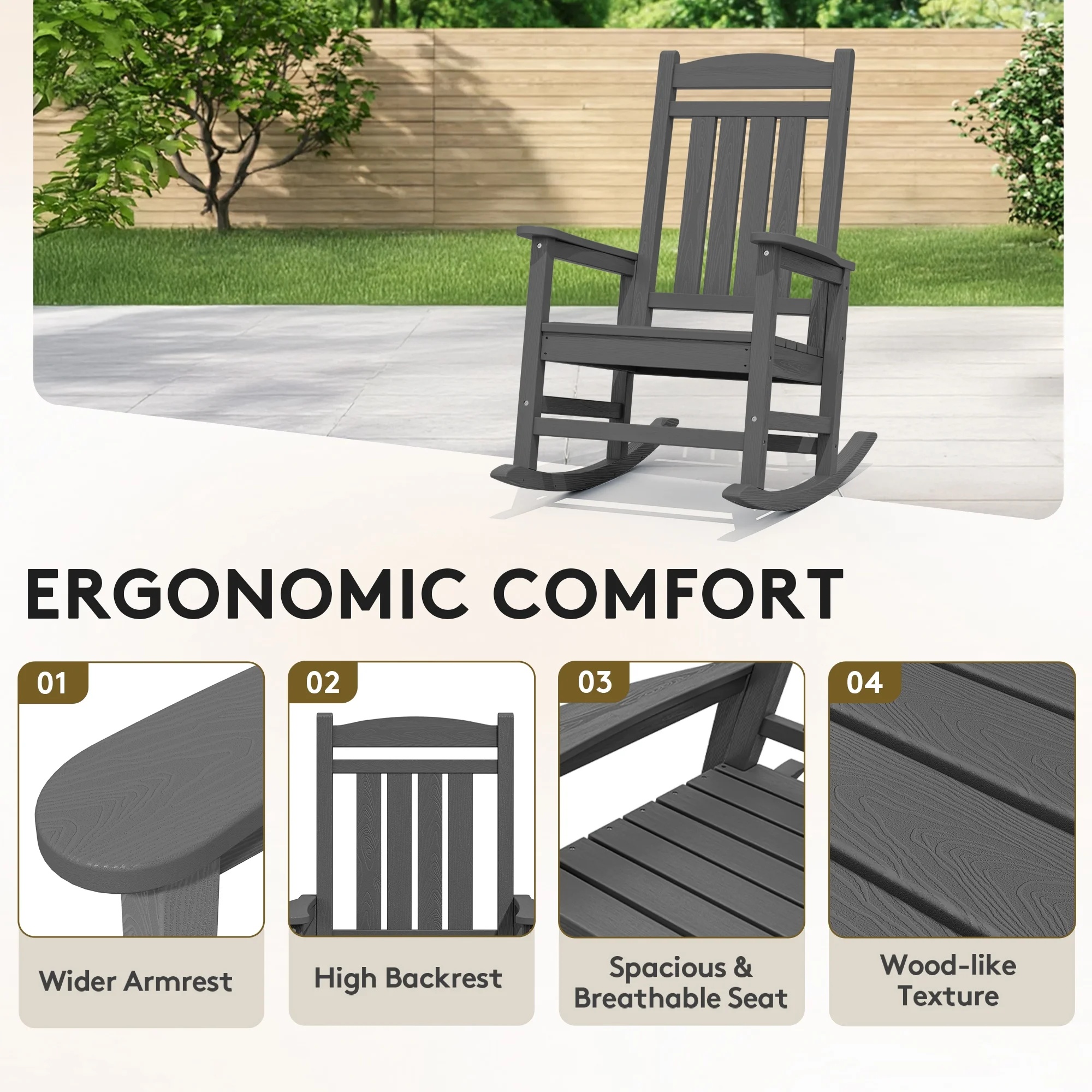 KINGYES HDPE Outdoor Rocking Chairs Set of 2,HDPE Patio Rocker for Porch,Black - Image 39