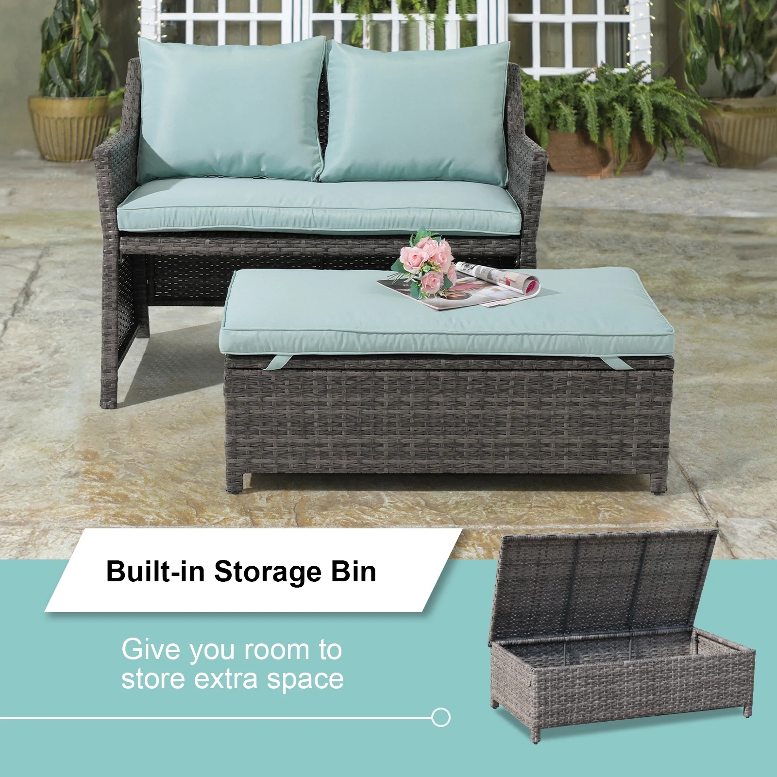 Outdoor Wicker Love Seat and Coffee Table Set, Weather Resistant Grey Rattan, Patio Furniture with Gray Cushions & Storage Bin - Image 21