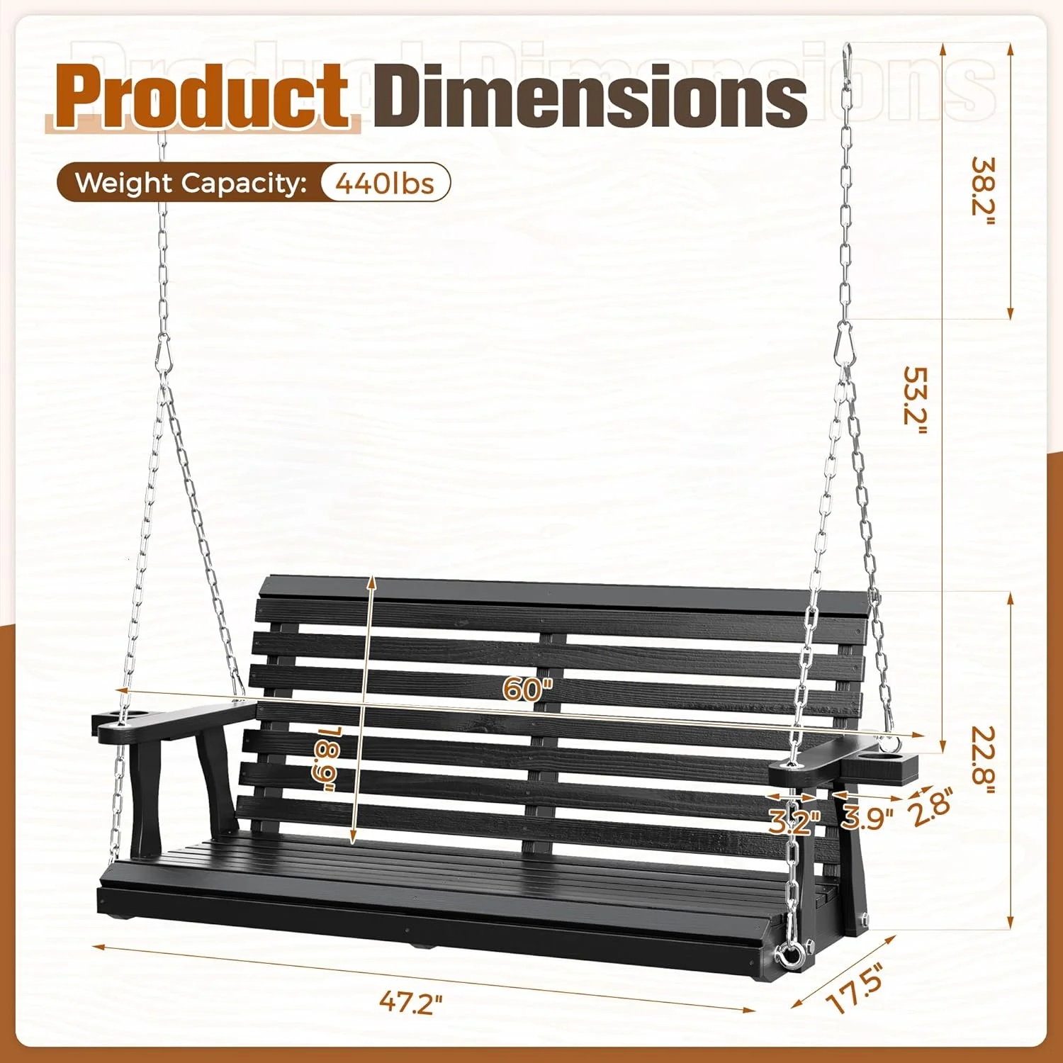 SOLAURA 2 Seat Outdoor Wooden Porch Swing with Cup Holders, Hanging Patio Swing with Hanging Chains, Swing Bench Chair for Backyard Garden Balcony, 440lbs Weight Capacity, Brown - Image 24