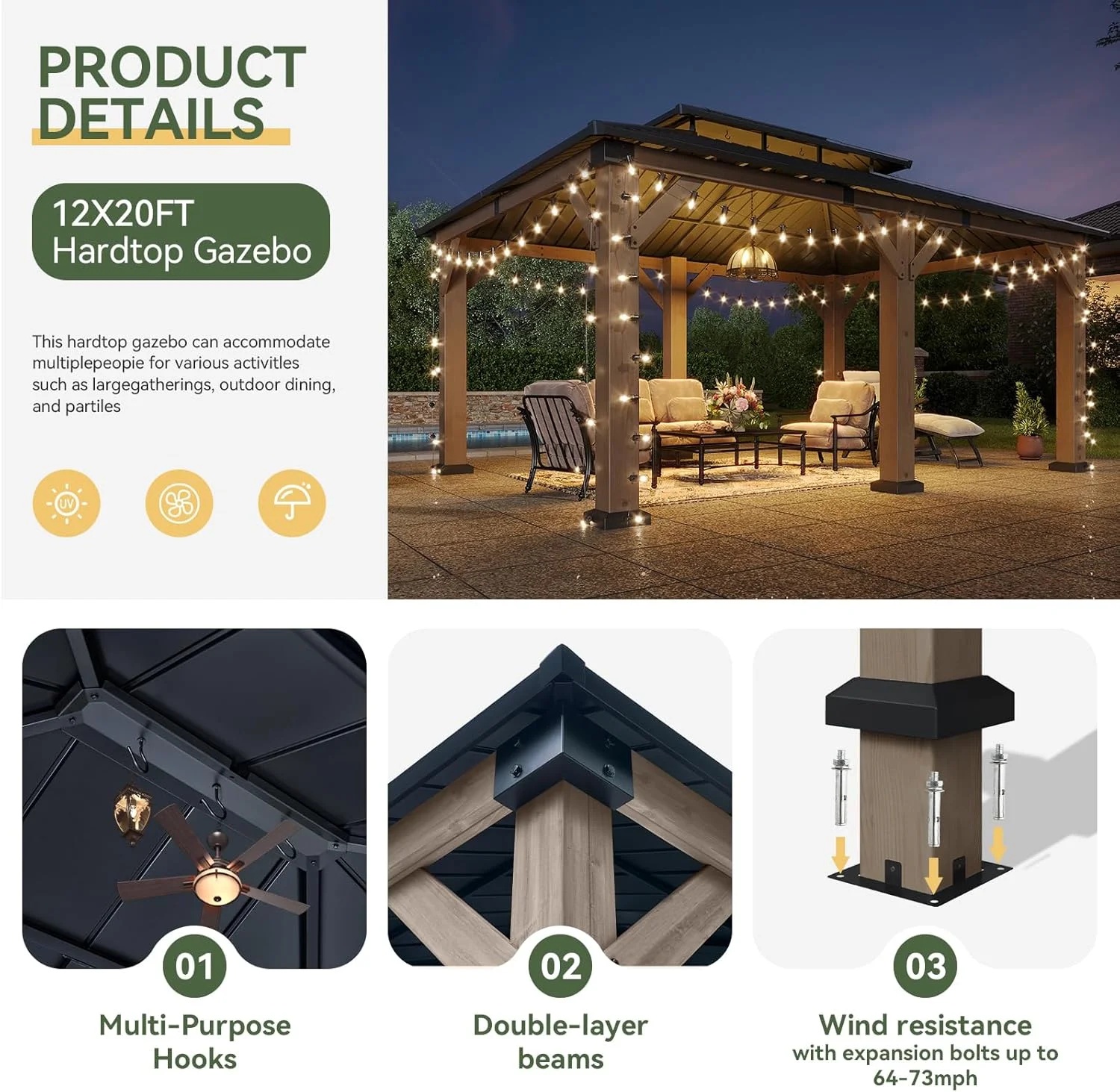 Aoxun 12' x 16' Outdoor Wood Gazebo, Hardtop Gazebo Permanent Wooden Pavilion with Galvanized Steel Double Roof, for Patio, Garden, Backyard, Cedar Wood - Image 13