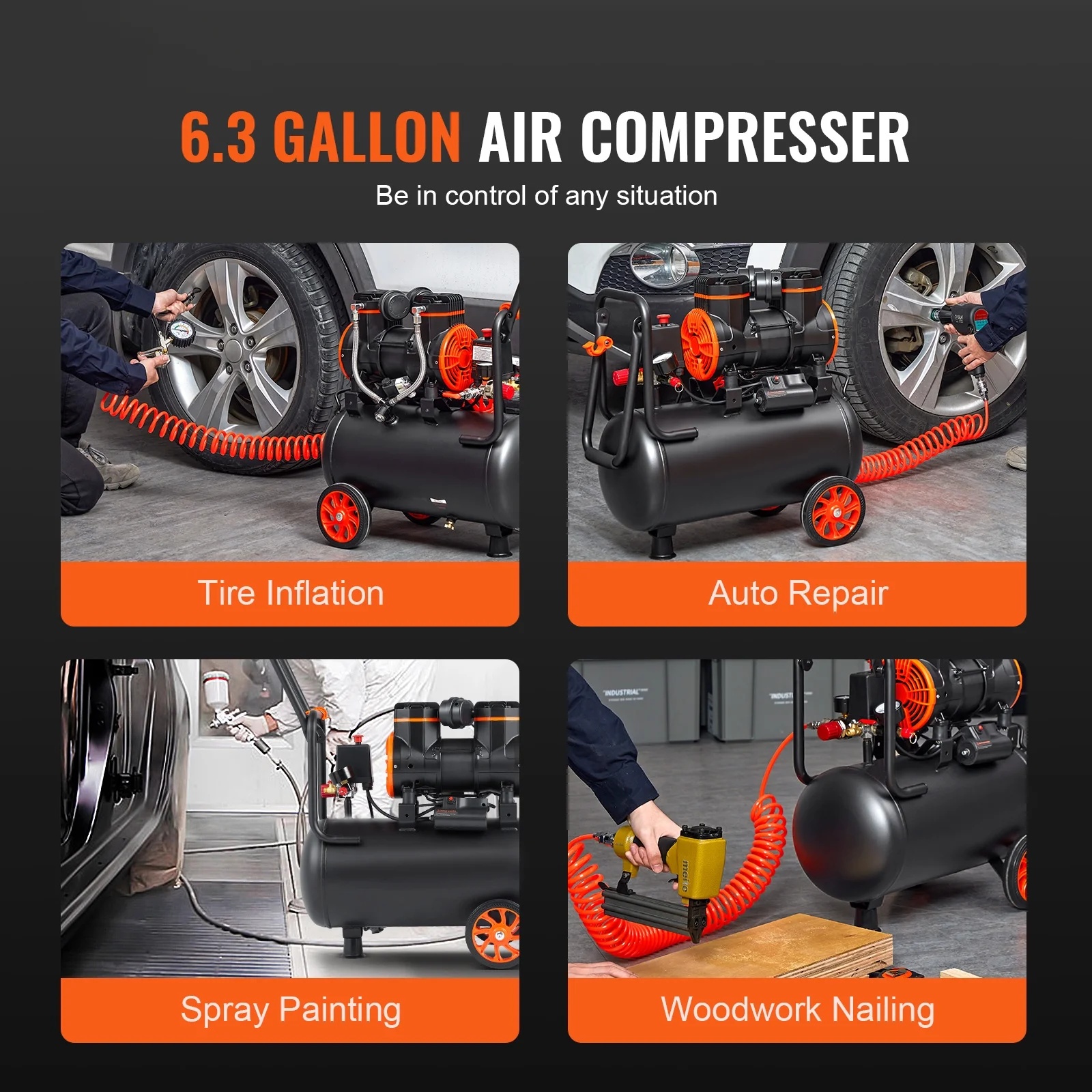 BENTISM 6.3 Gallon Air Compressor, 2 HP 3.35 CFM@90PSI Oil Free Air Compressor Tank & Max. 116PSI Pressure, 70 dB Ultra Quiet Compressor for Auto Repair, Tire Inflation, Spray Painting, Woodwork Nail - Image 2