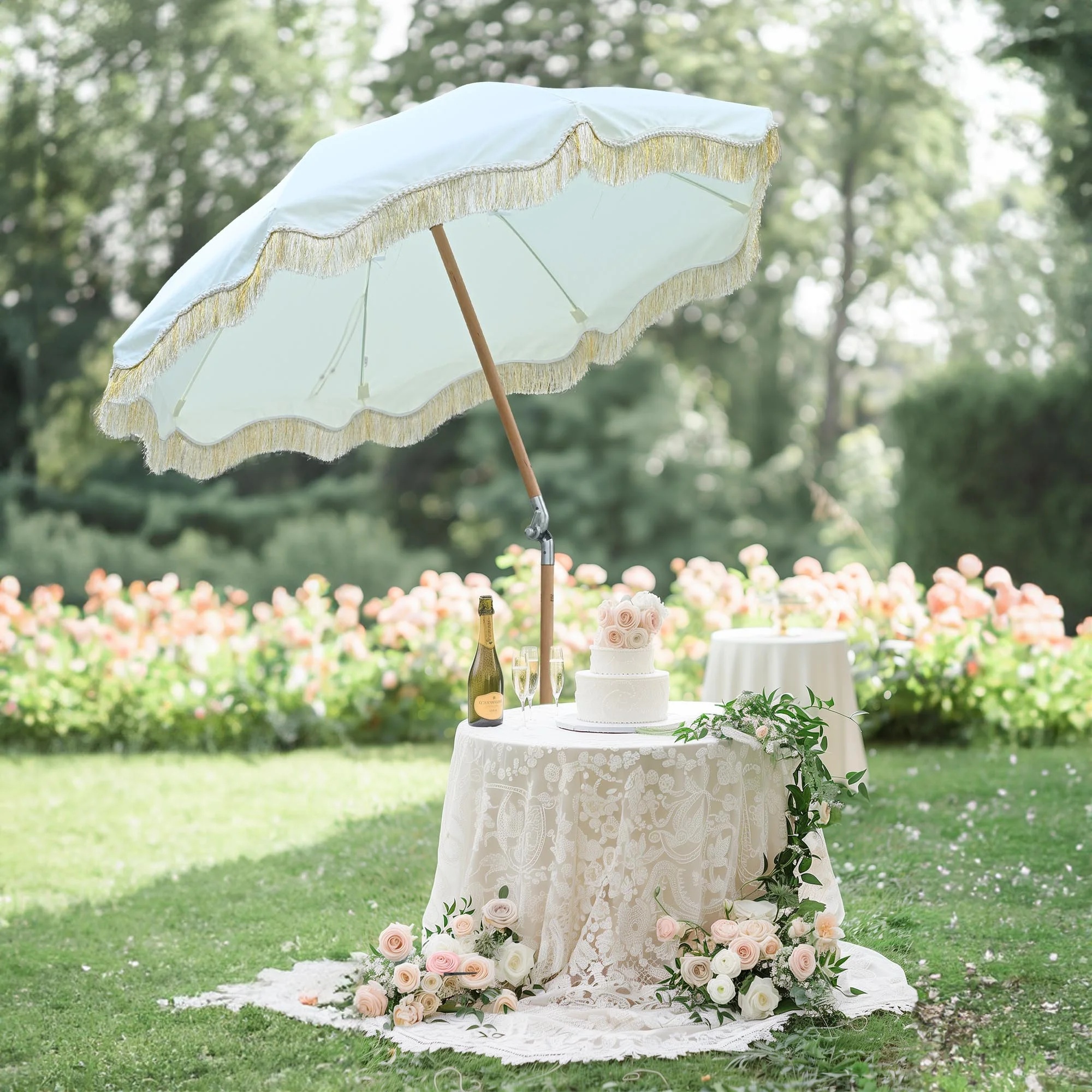 LAGarden 6 Ft Fringe Patio Umbrella with Tassel Jazz Age Wood UPF50+ for Outdoor, Beige with gold tassel,Model: JZ6-01 - Image 4