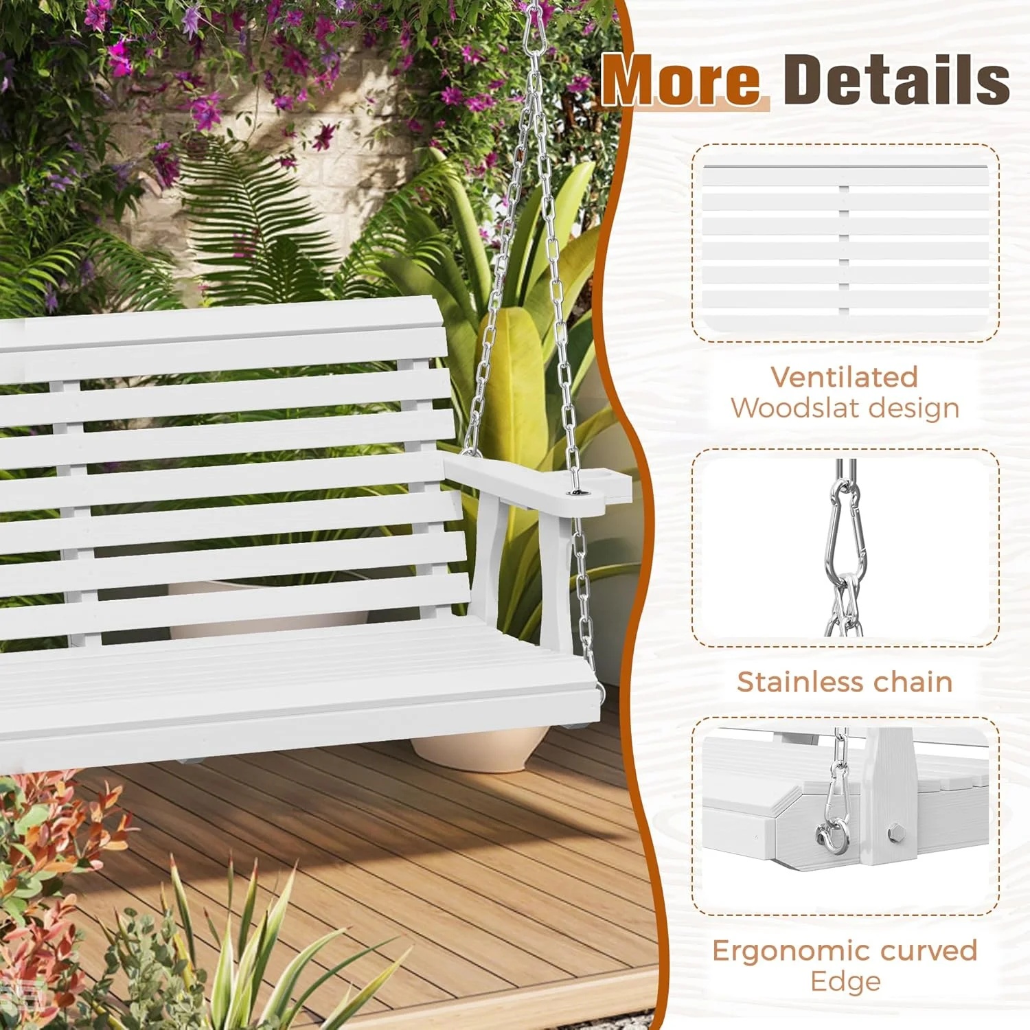 SOLAURA 2 Seat Outdoor Wooden Porch Swing with Cup Holders, Hanging Patio Swing with Hanging Chains, Swing Bench Chair for Backyard Garden Balcony, 440lbs Weight Capacity, Brown - Image 13