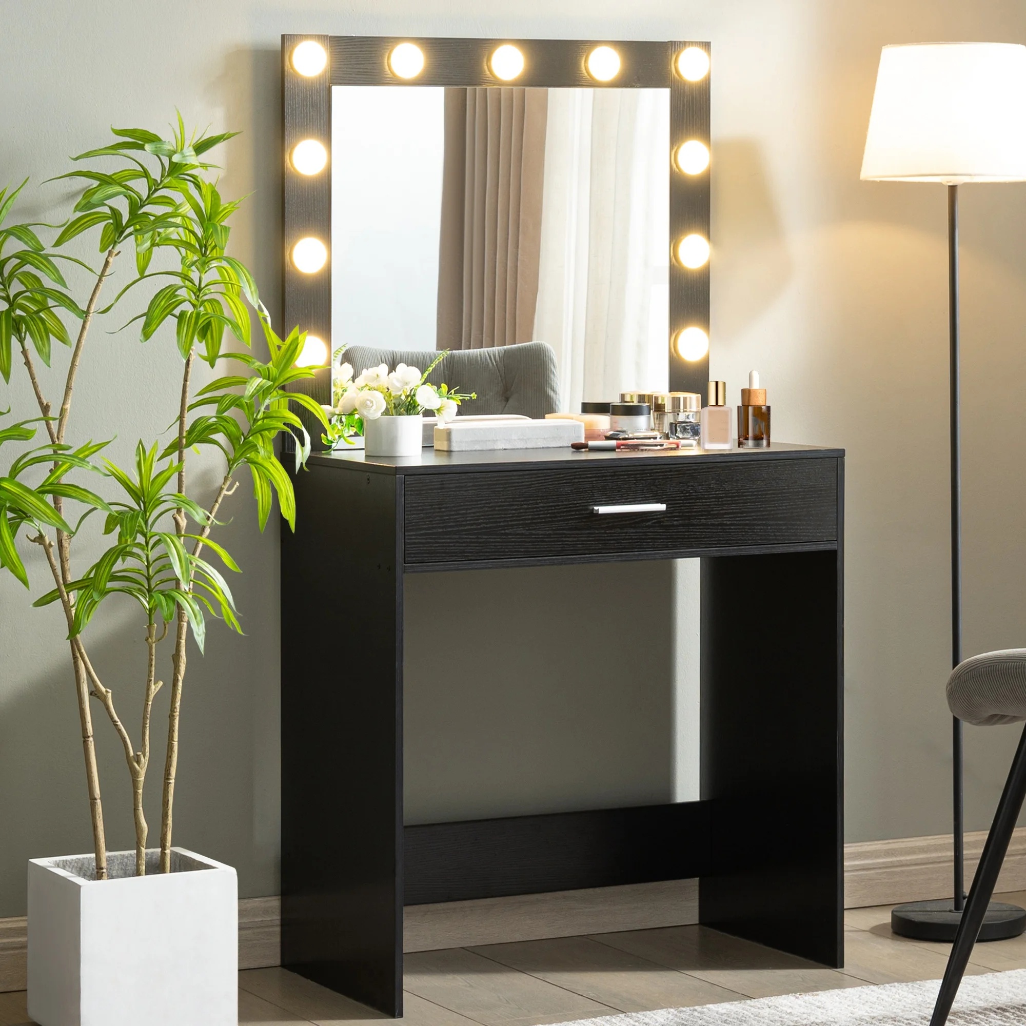 Vanity Desk With Mirror, Makeup Table Desk With Drawer, 3 Lighting Modes Adjustable Brightness Vanity Makeup Table For Small Space Home Living Room - Image 2