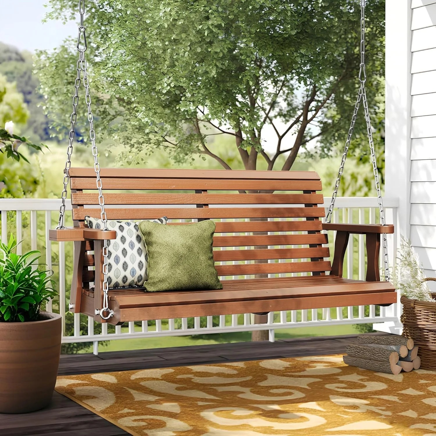 SOLAURA 2 Seat Outdoor Wooden Porch Swing with Cup Holders, Hanging Patio Swing with Hanging Chains, Swing Bench Chair for Backyard Garden Balcony, 440lbs Weight Capacity, Brown - Image 9
