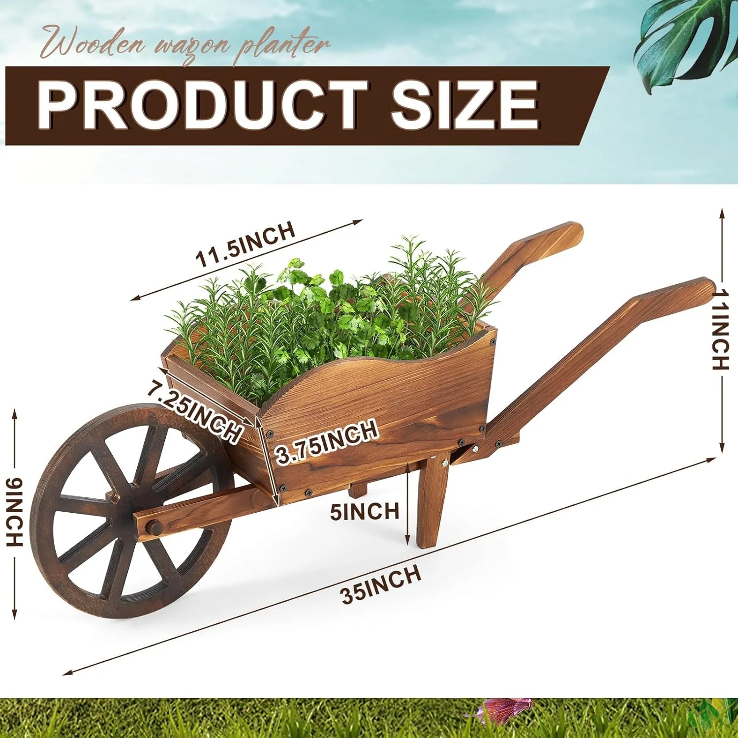 Wooden Wagon Planter Box, Garden Planter with Wagon Wheels, Flower Cart for Patio Garden Balcony, Decorative Patio Flowers Herbs Vegetables for Indoor Outdoor Decor, Brown(Rustic) - Image 2