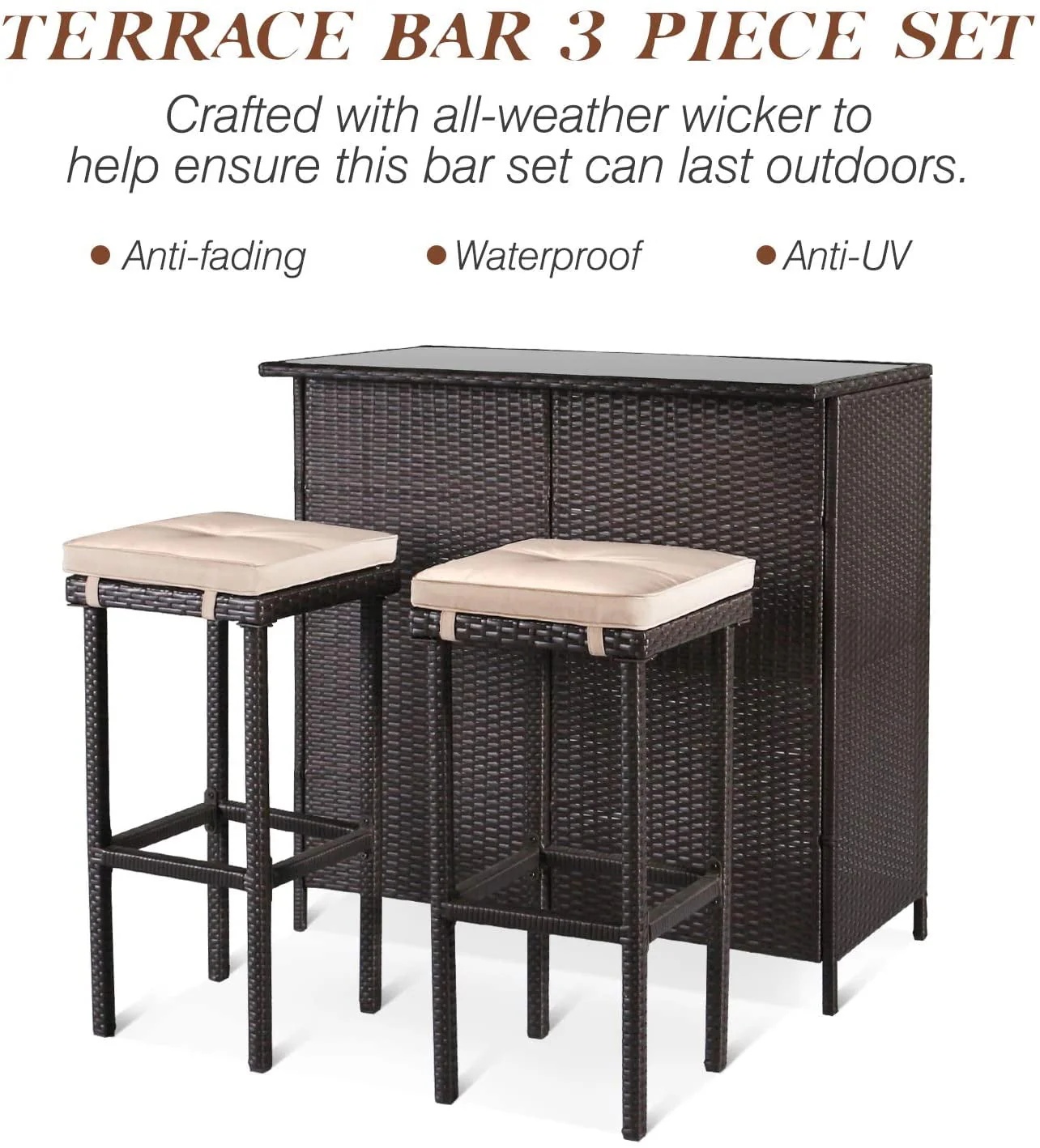 SOLAURA 3PCS Patio Outdoor Wicker Bar Set with Two Bar Stools and Glass-Top Table - Brown - Image 2