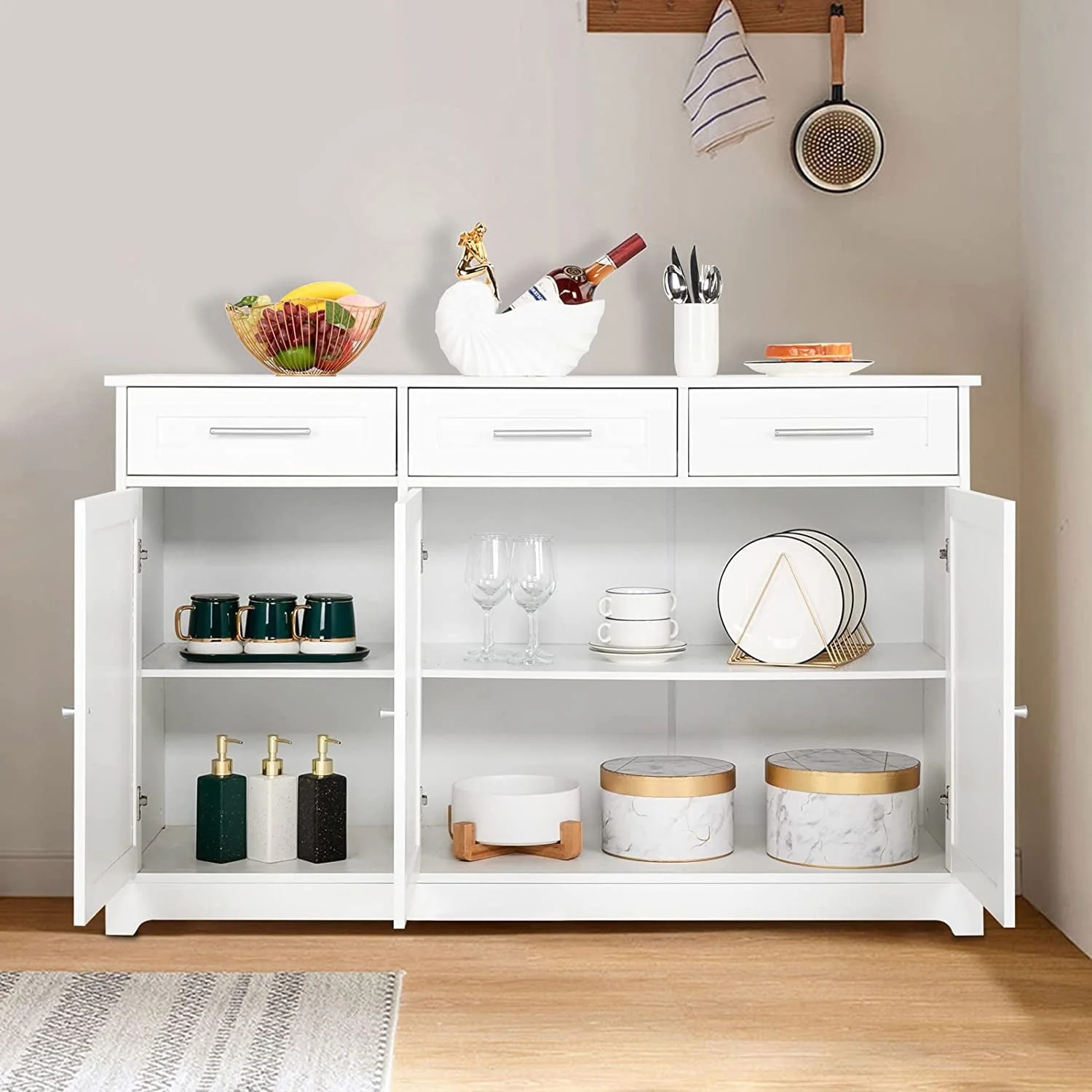 VINGLI White Credenza,Kitchen Buffet Cabinet with Storage,Dining Sideboard Buffet Console Table with Cabinet,Adjustable Shelves and Drawers - Image 4
