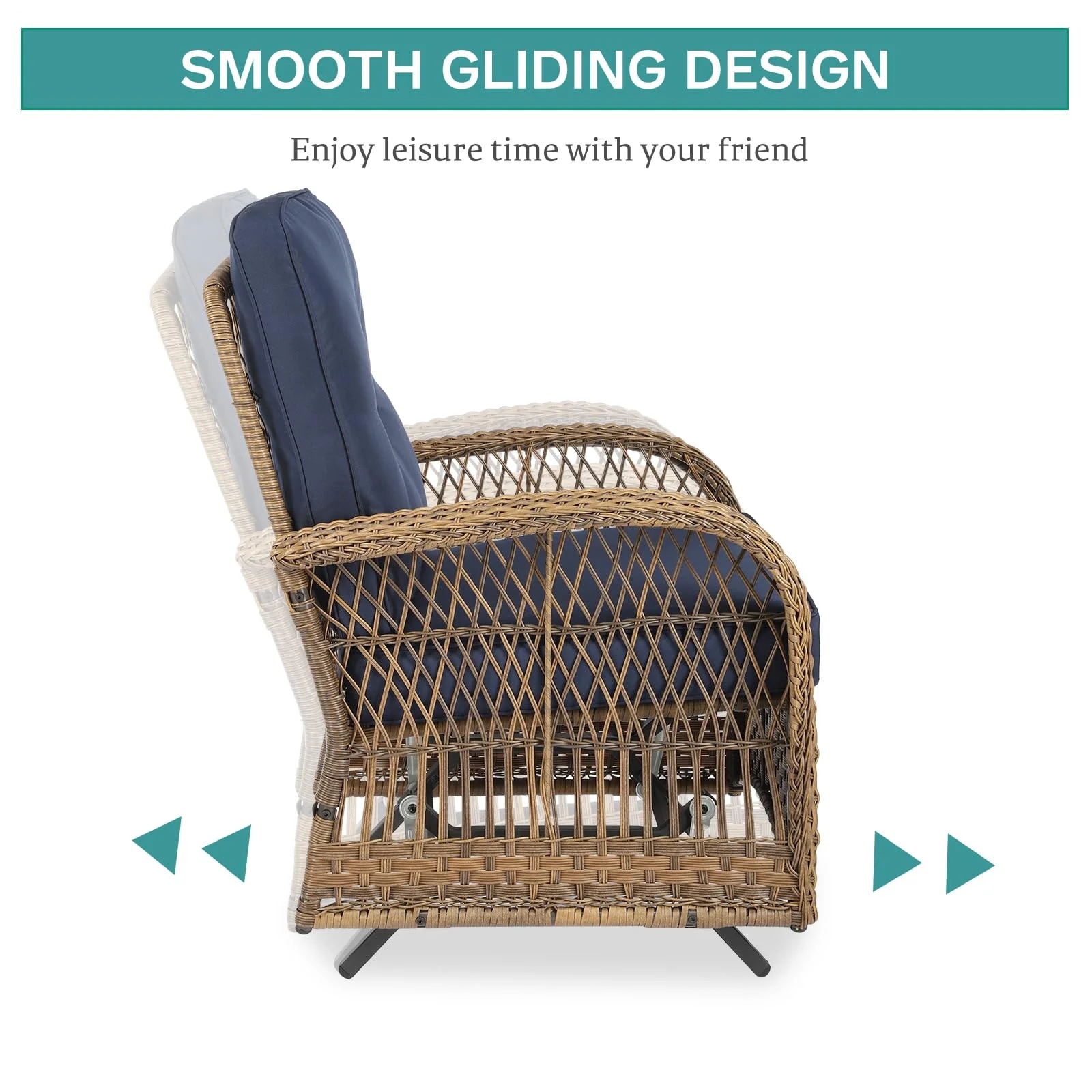 MEETWARM Patio Wicker Rocking Glider Set, All-Weather Outdoor Rattan Patio Rocking Chairs of 2, Patio Conversation Set with Thickened Cushions for Porch Garden & Backyard, Navy Blue - Image 7