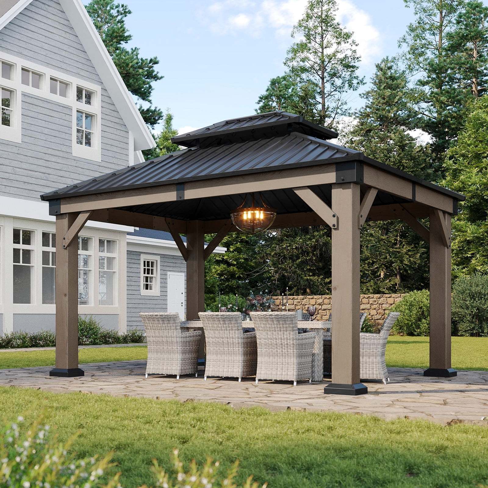 Aoxun 12' x 16' Outdoor Wood Gazebo, Hardtop Gazebo Permanent Wooden Pavilion with Galvanized Steel Double Roof, for Patio, Garden, Backyard, Cedar Wood - Image 29