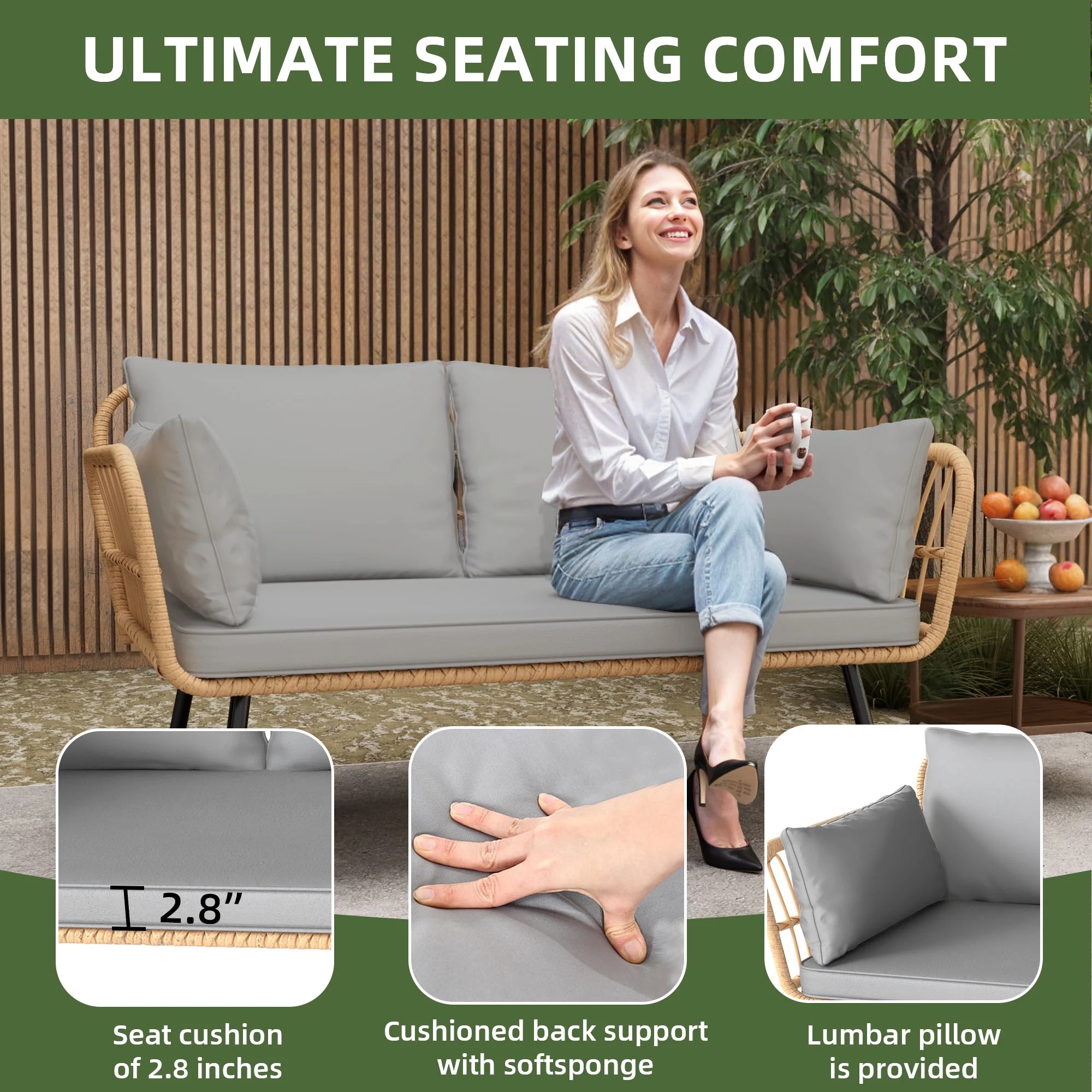 Uforic Outdoor Wicker Loveseat with Cushions and Rattan Side Table, All-Weather 2 Pieces Bistro Patio Conversation Furniture Set -Beige - Image 39