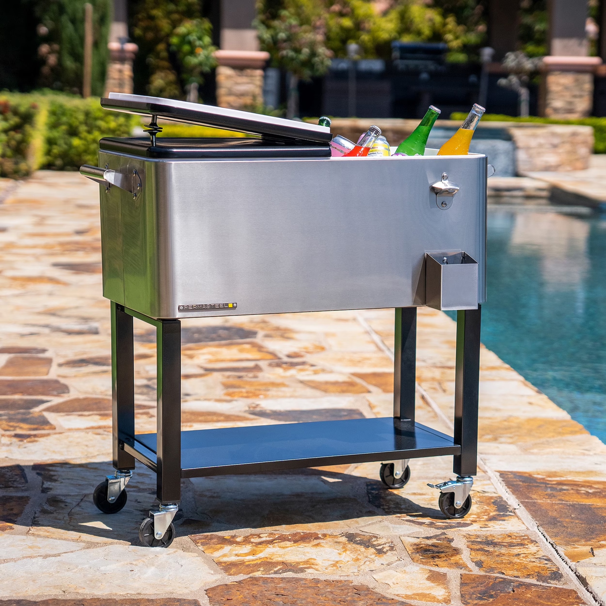 Permasteel 80-Qt Outdoor Steel Patio Cooler with Removable Basin, Rolling Cooler with Wheels, Teal Green - Image 3