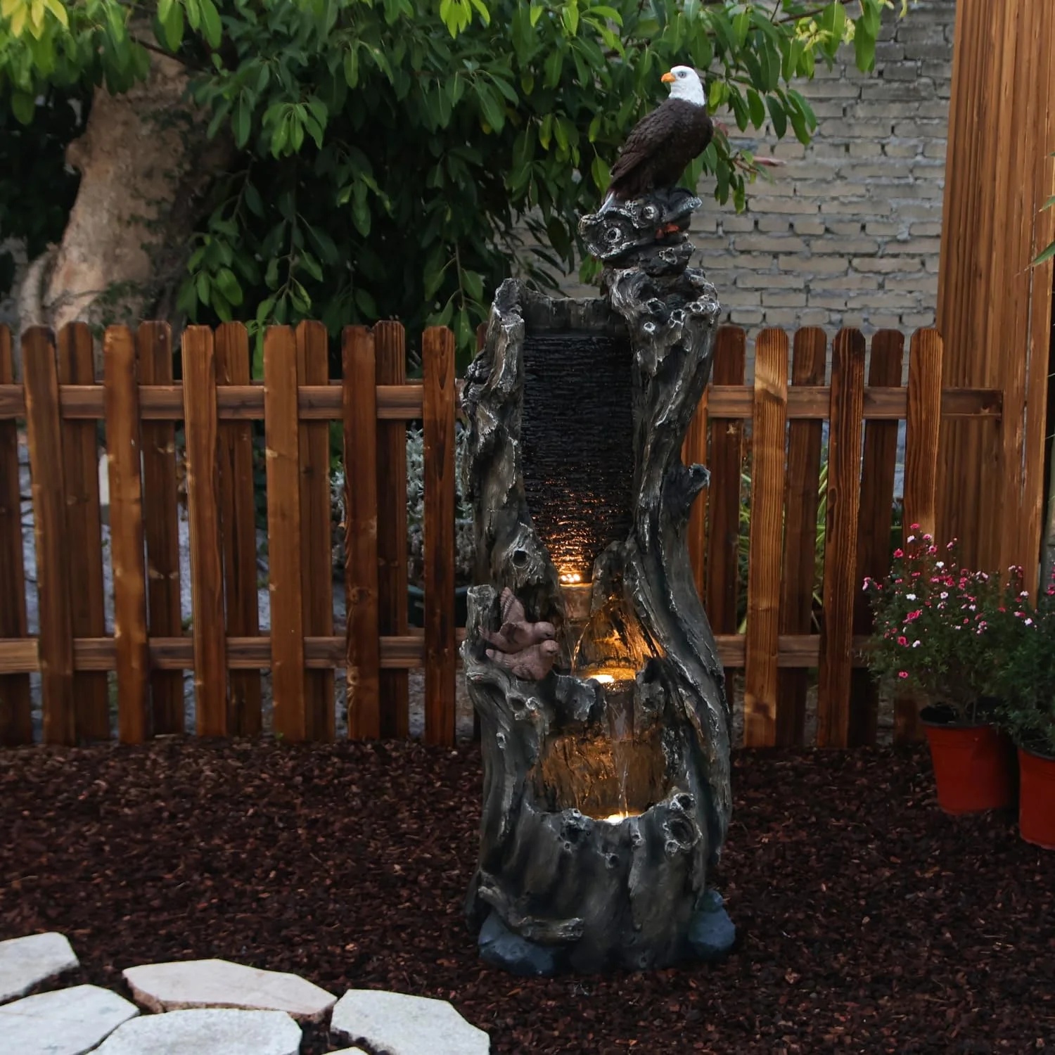 50.79" H Outdoor Rainforest Waterfall Tree Trunk Fountain with Bald Eagle Outdoor Cascading Water Feature for Garden Patio Backyard Landscape Decor 3-Tier Water Fountains - Image 3