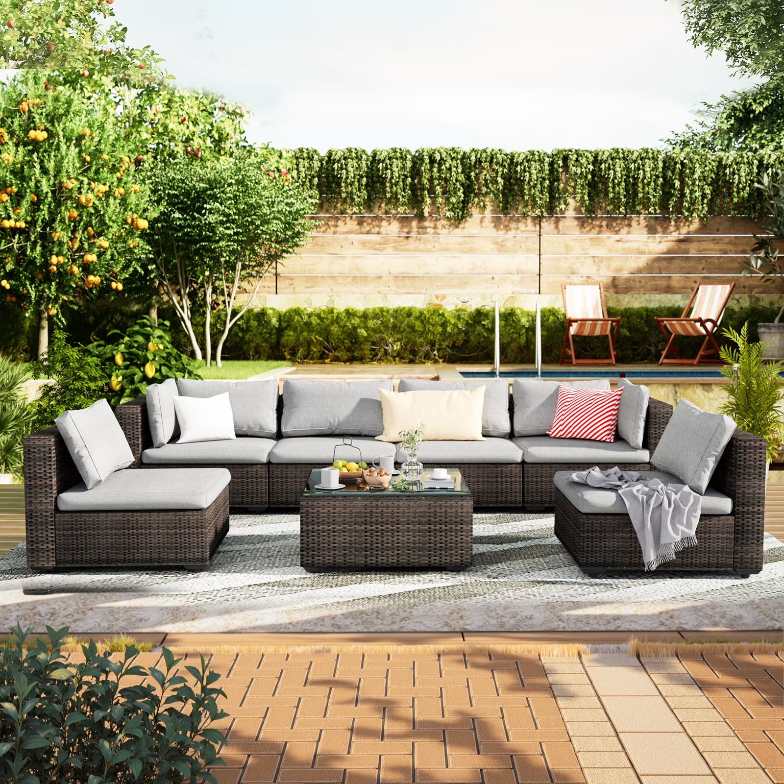Grezone 7 Patio Outdoor Furniture Wicker Sectional Sofa Couch Lawn Sectional, Black - Image 9