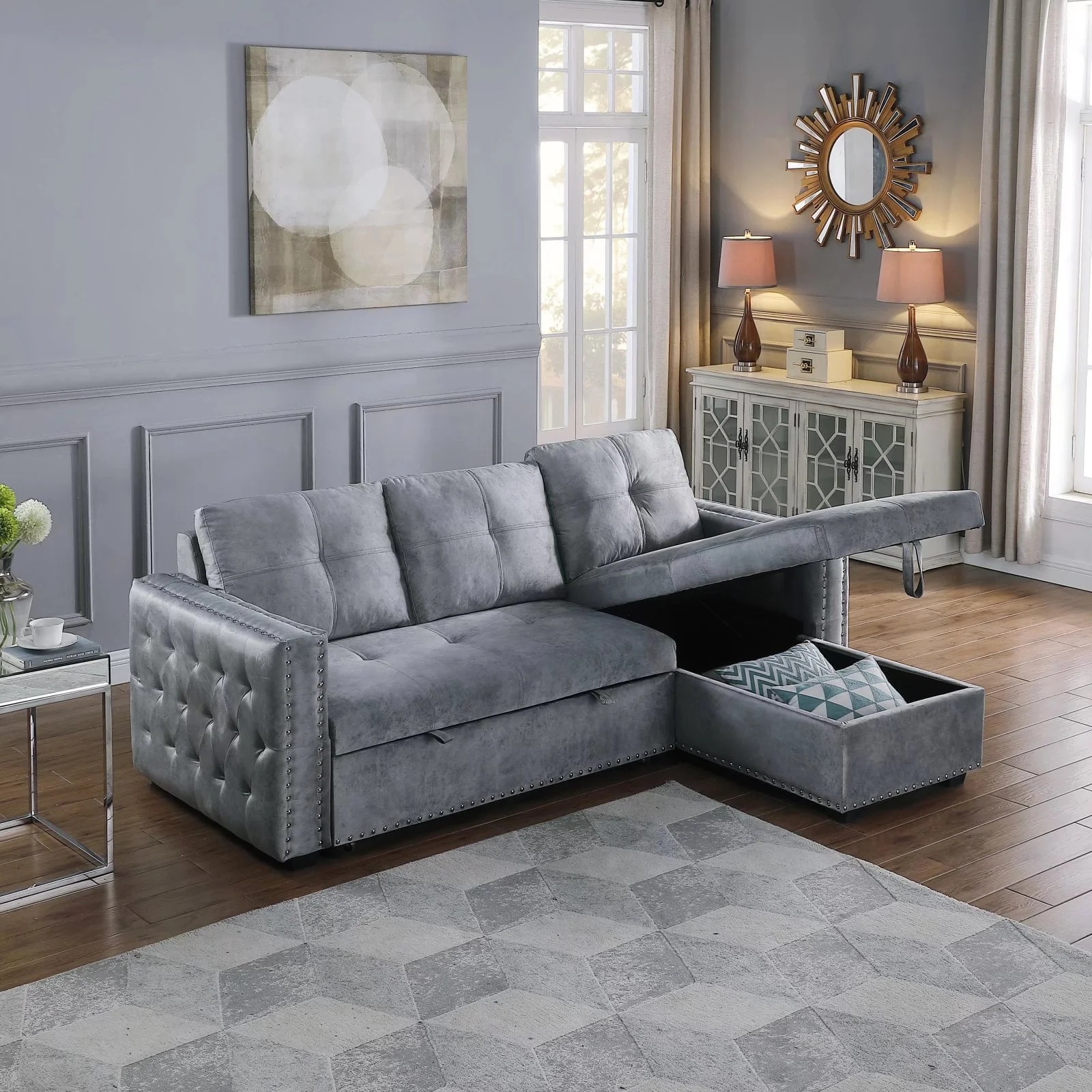 Morden Fort Sectional Sleeper Sofa with Storage & Reversible L Shape Velvet Gray - Image 5