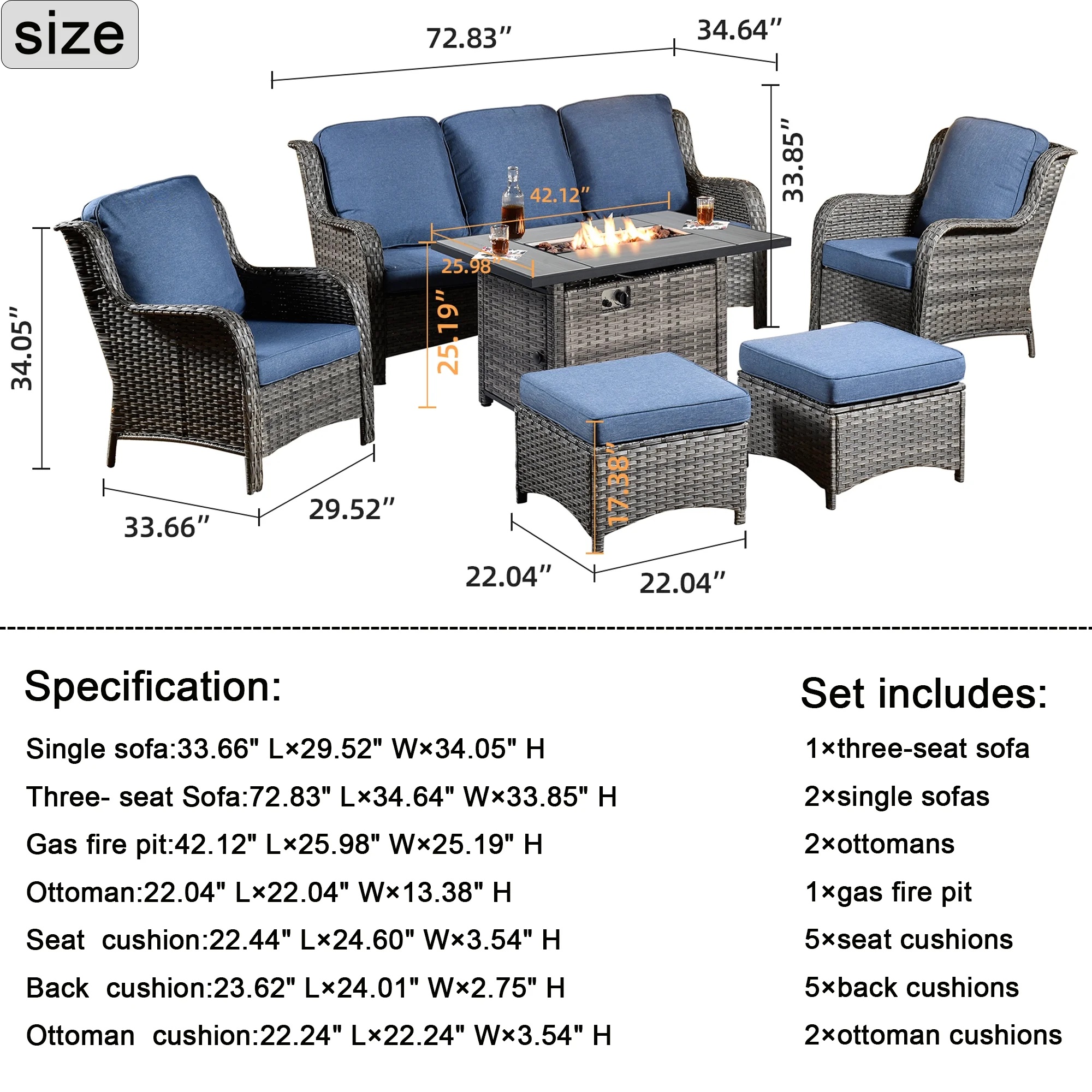 Ovios 6 Pieces Outdoor Furniture with CSA Fire Pit Wicker Patio Conversation Set All Weather Sectional Sofa for Porch - Image 8