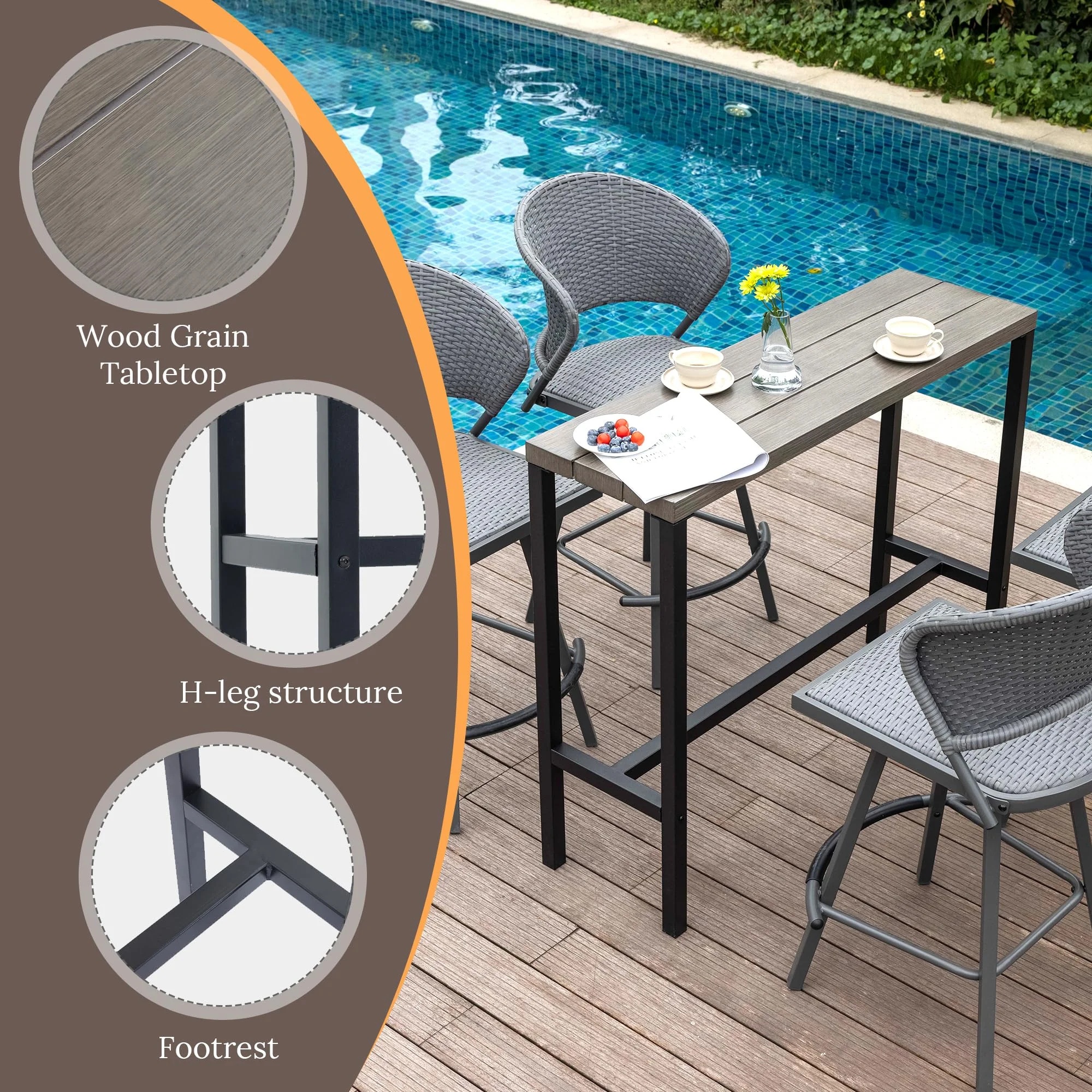 Vicllax Patio Rectangle Bar Table Metal Modern Style for Porch Garden (45.3"Lx13.8"Wx37.4"H) - Image 8