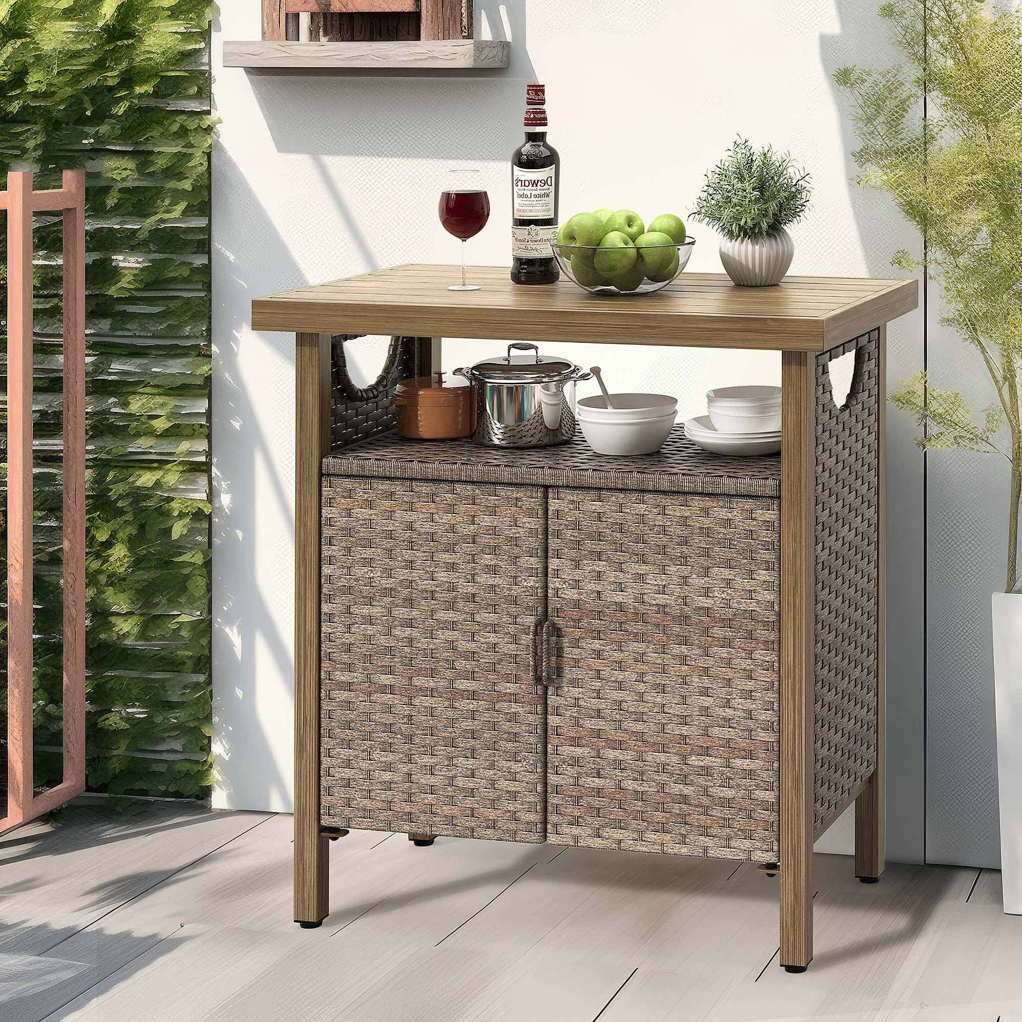 DWVO Outdoor Garden Patio Wicker Storage Cabinet with with 2 Doors and Shelves, Wicker Bar Table, Rattan Counter Table,Deck Box - Brown - Image 9