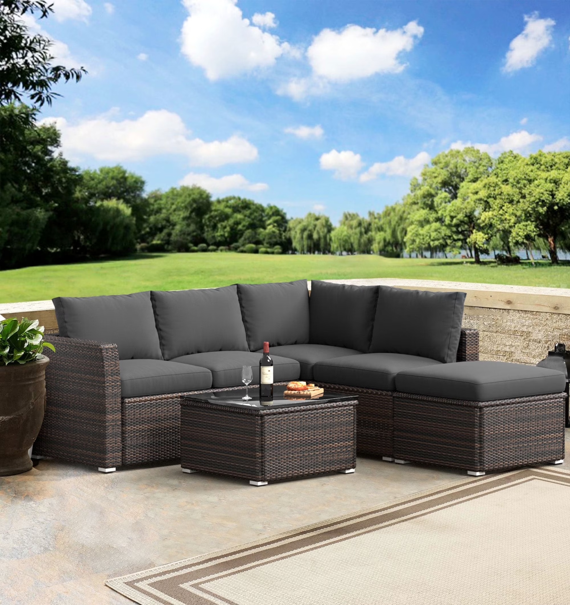 6 Pieces Wicker Patio Furniture Set Outdoor Conversation Set, All Weather PE Rattan Sectional Sofa Couch with Storage Table and Cushions, Beige - Image 3
