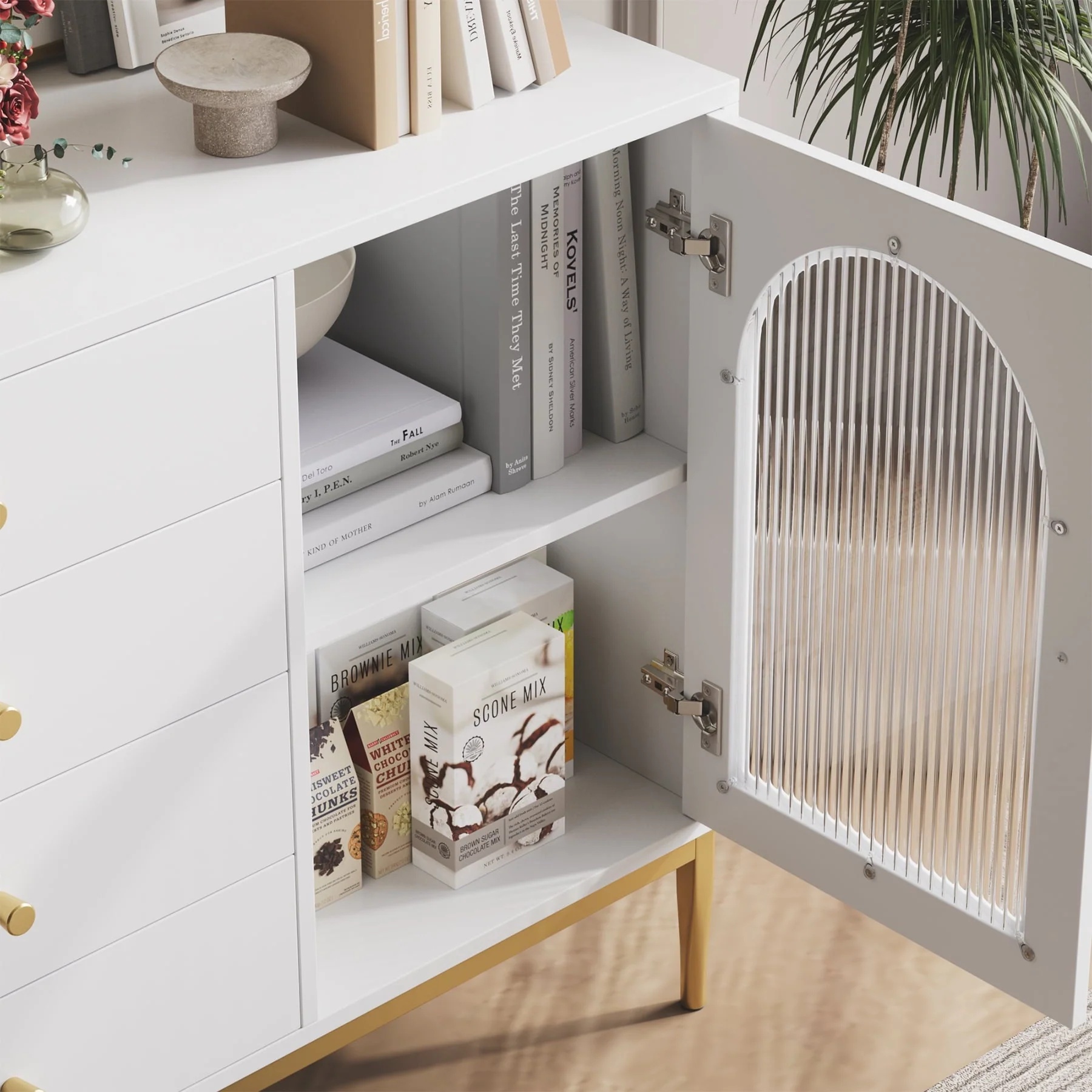 Homfa 4 Drawer Storage Cabinet, Modern Wooden Cupboard with Frosted Glass for Living Room, White Finish - Image 8