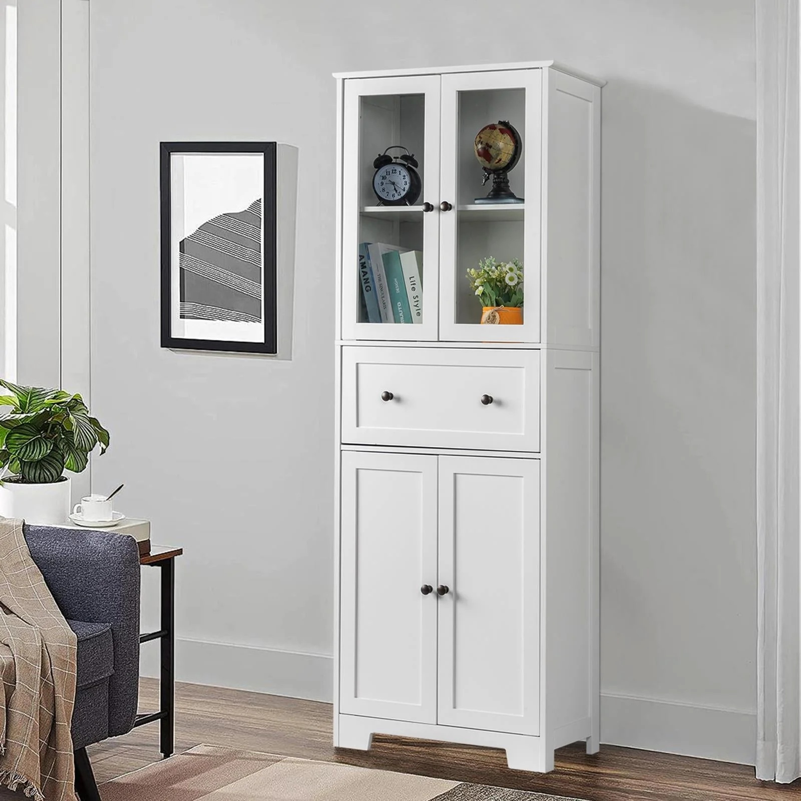 Ktaxon 64" Tall Bathroom Storage Cabinet Organizer, Freestanding Kitchen Pantry Cabinet Line Tower with 2 Glass Doors, Large Drawer & 4 Adjustable Shelves for Dining Room Living Room Home Office,White - Image 5