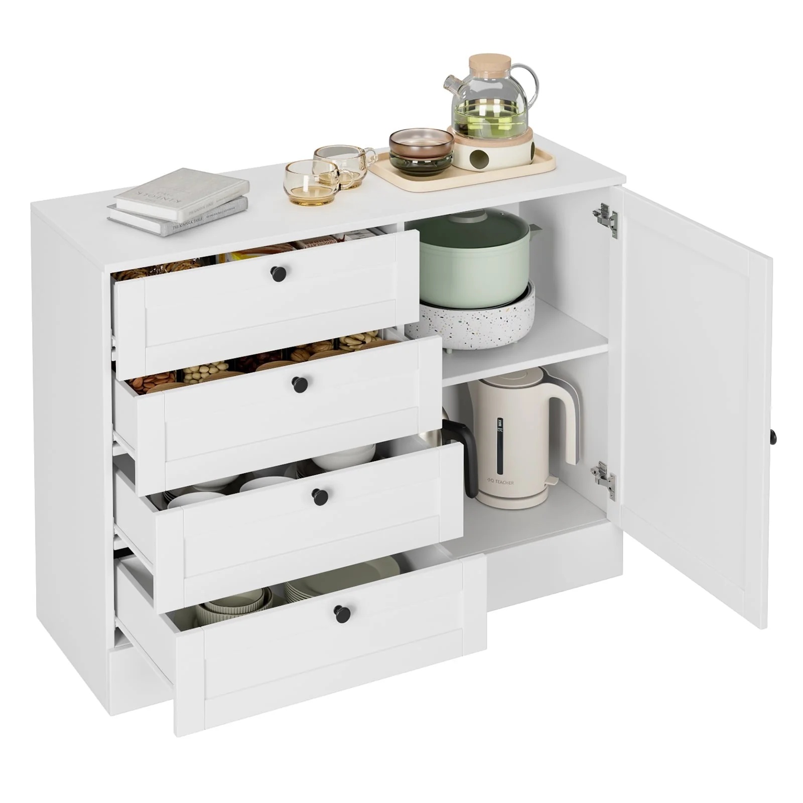 Homfa White Storage Cabinet with 4 Drawers & 1 Door, 43.3'' Wide Chest Sideboard Buffet for Dining Room, Kitchen, Bedroom - Image 6