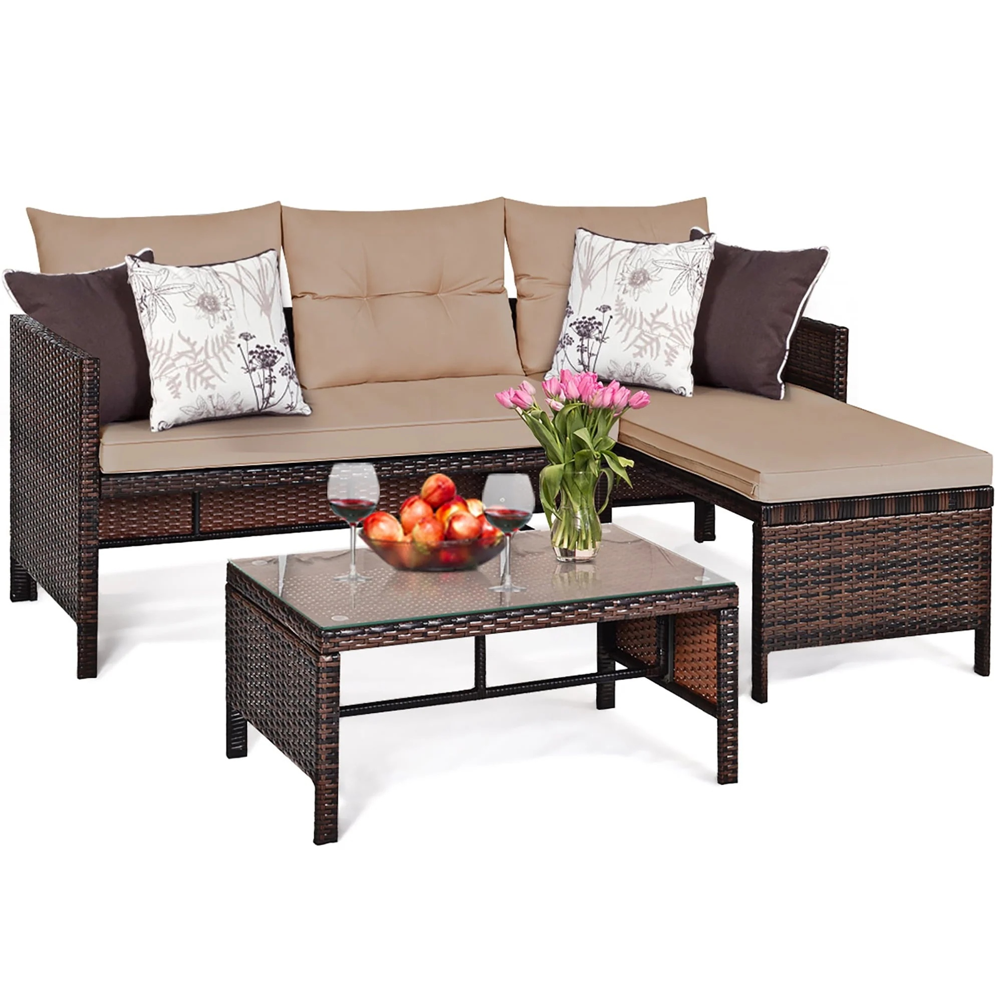 Costway 3PCS Patio Wicker Rattan Sofa Set Outdoor Sectional Conversation Set Garden Lawn Brown - Image 2